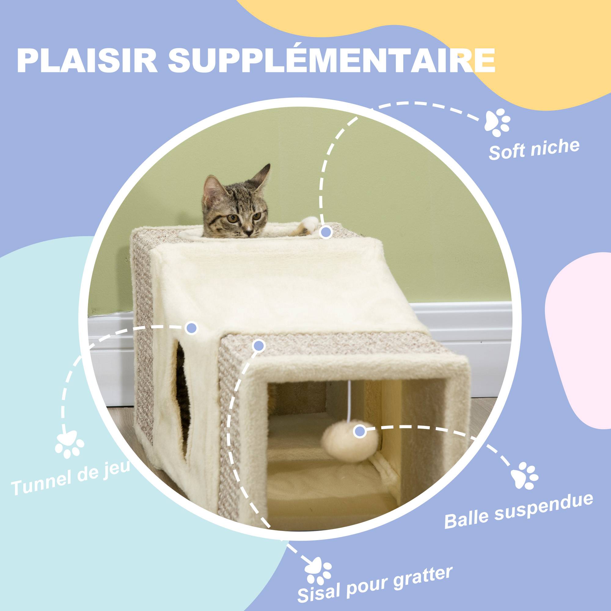 Sans Marque - Tunnel pour chat intérieur jouets pour chats avec balle suspendue entrées multiples en sisal 98 x 30 x 30 cm crème - Image 7