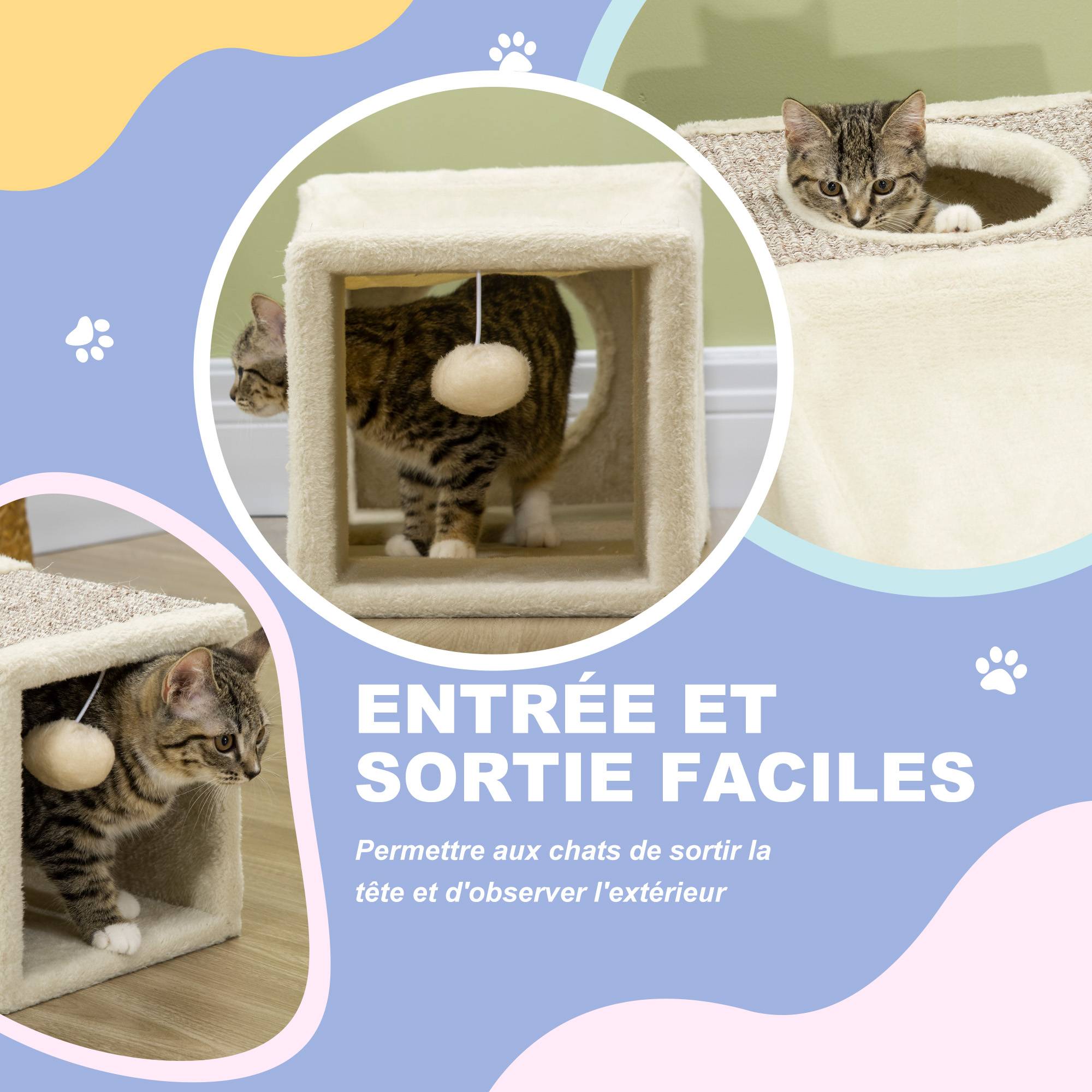 Sans Marque - Tunnel pour chat intérieur jouets pour chats avec balle suspendue entrées multiples en sisal 98 x 30 x 30 cm crème - Image 8