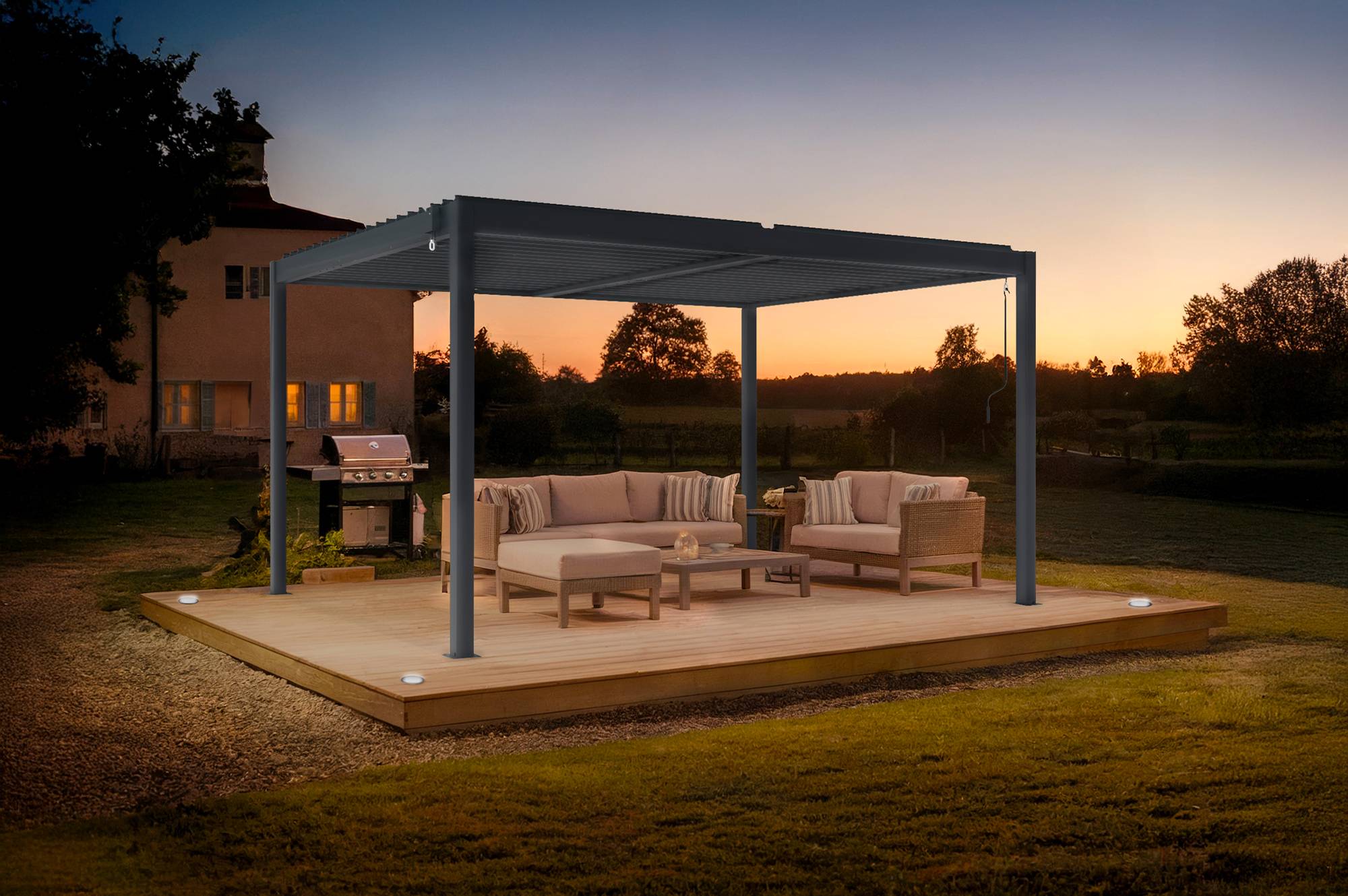 CAZEBOO - Cazeboo Pergola bioclimatique 4x3 m autoportée PIANA aluminium gris avec stores rétractables côté 4 m - Image 5