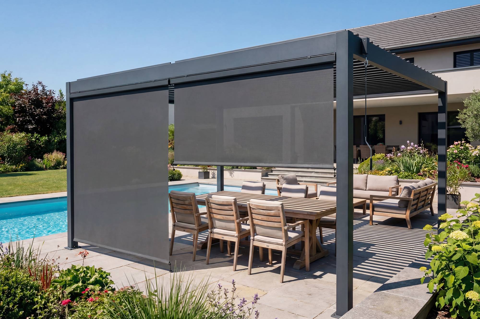 CAZEBOO - Cazeboo Pergola bioclimatique 4x3 m autoportée PIANA aluminium gris avec stores rétractables côté 4 m - Image 1