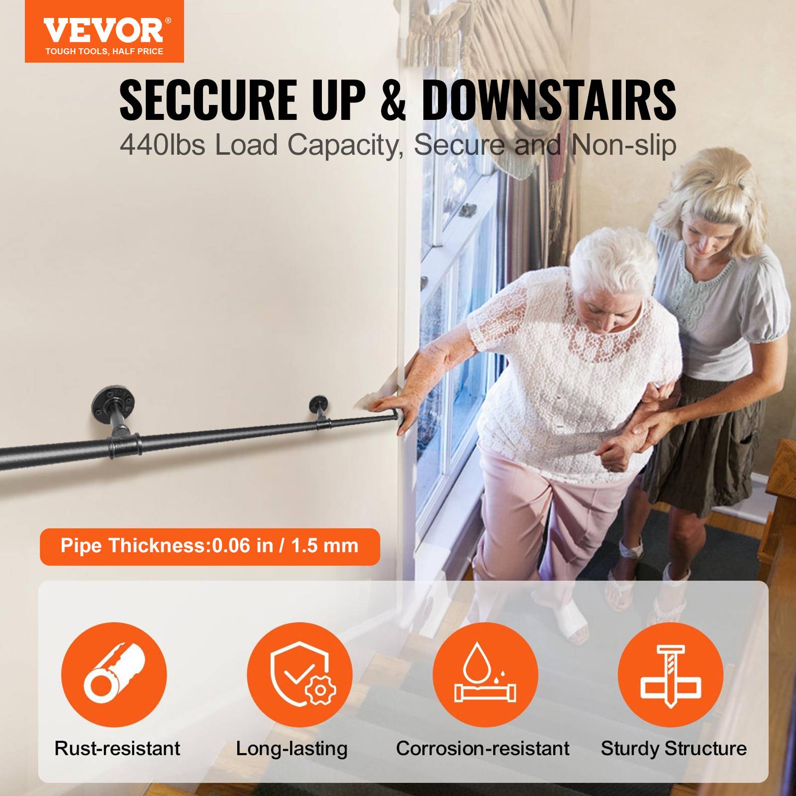 VEVOR Rampe murale 3.96m, acier, charge 200kg/tube, 4 tubes 32mm, 5 supports, intérieur/extérieur. - Image 2
