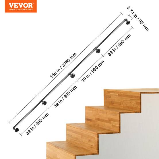 VEVOR Rampe murale 3.96m, acier, charge 200kg/tube, 4 tubes 32mm, 5 supports, intérieur/extérieur. - Image 7