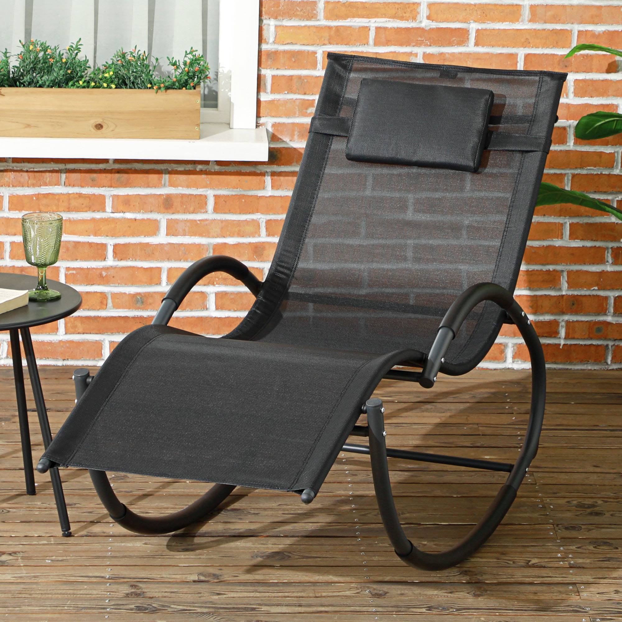 Chaise longue à bascule avec tétière utilisation extérieure intérieure noir - Image 4
