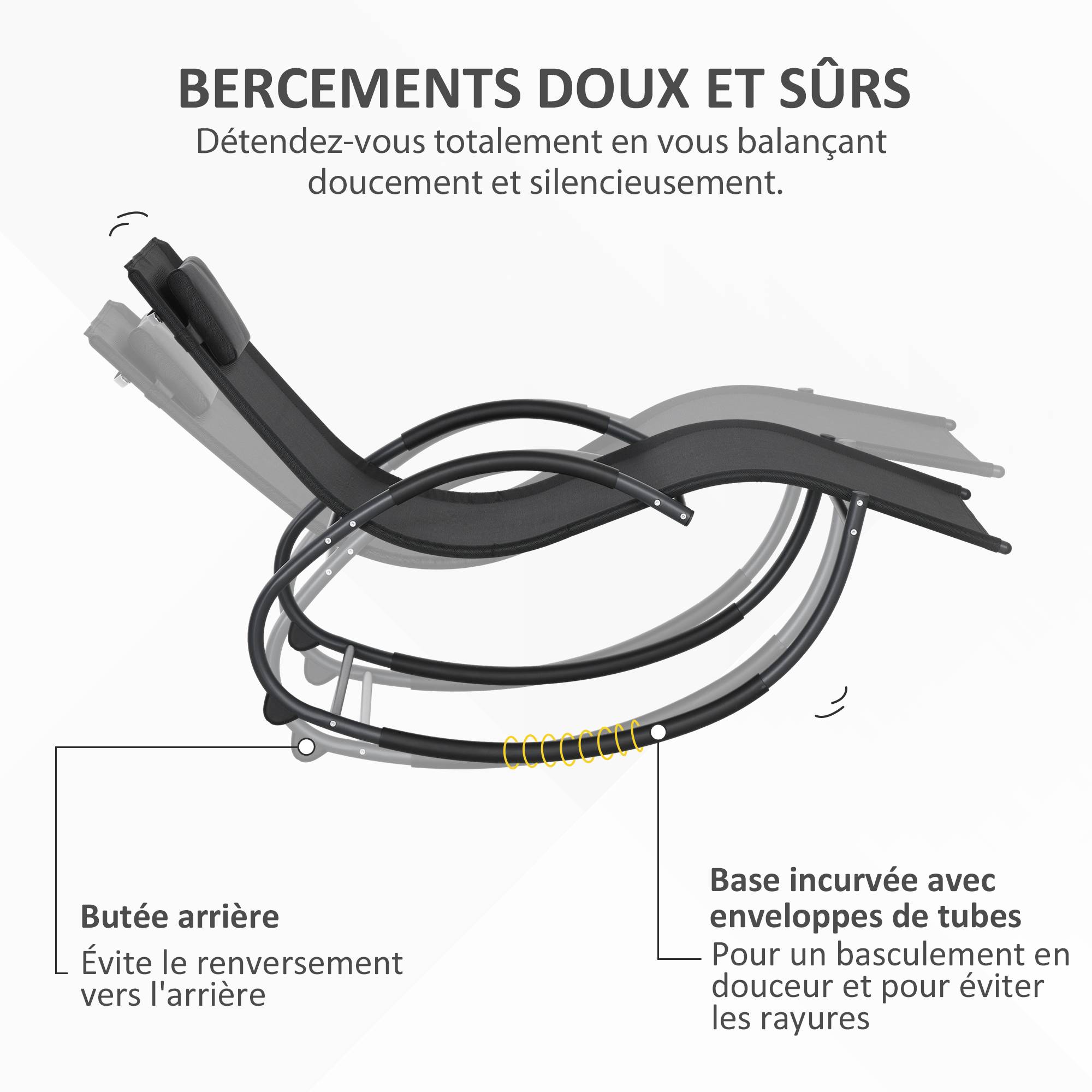 Chaise longue à bascule avec tétière utilisation extérieure intérieure noir - Image 7