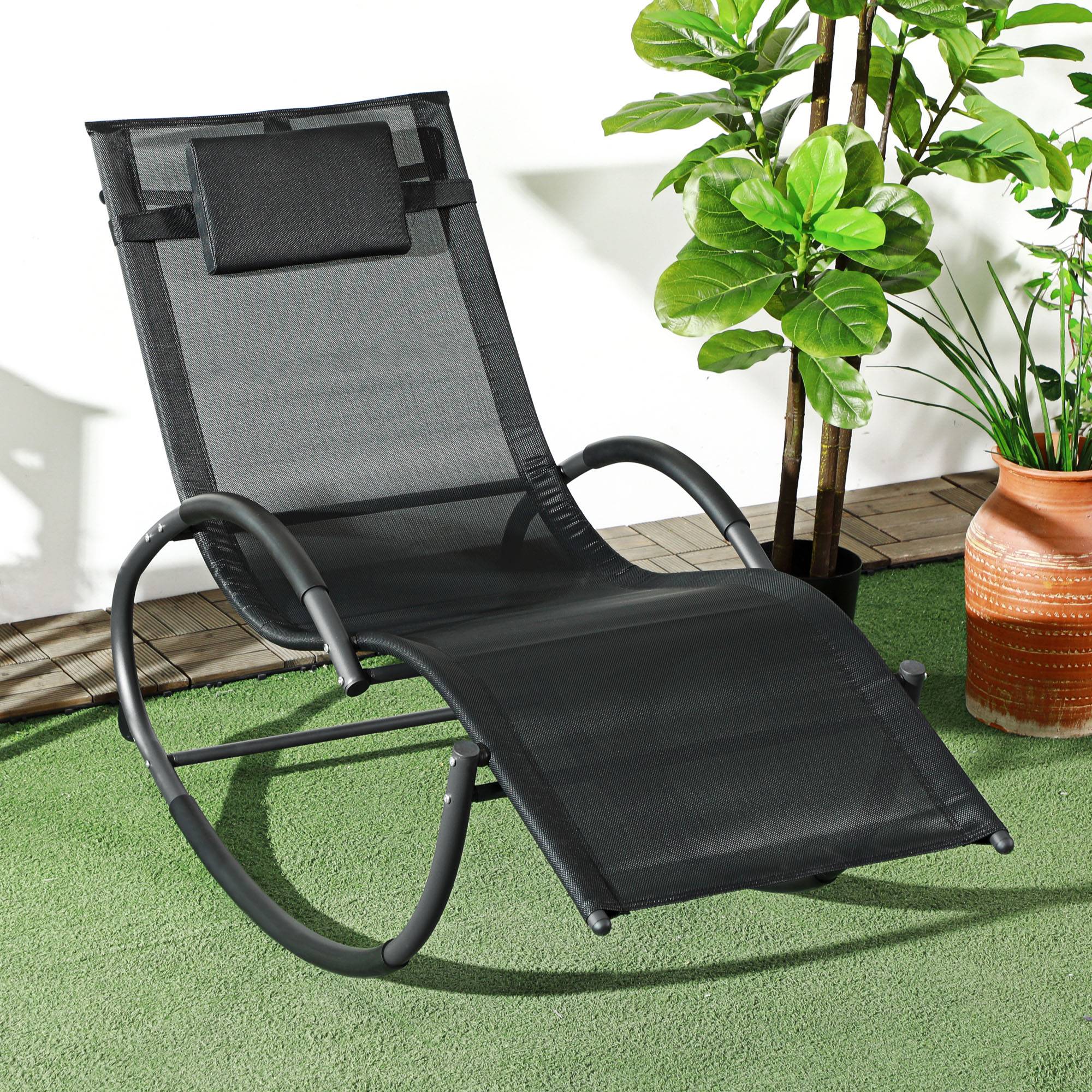 Chaise longue à bascule avec tétière utilisation extérieure intérieure noir - Image 3