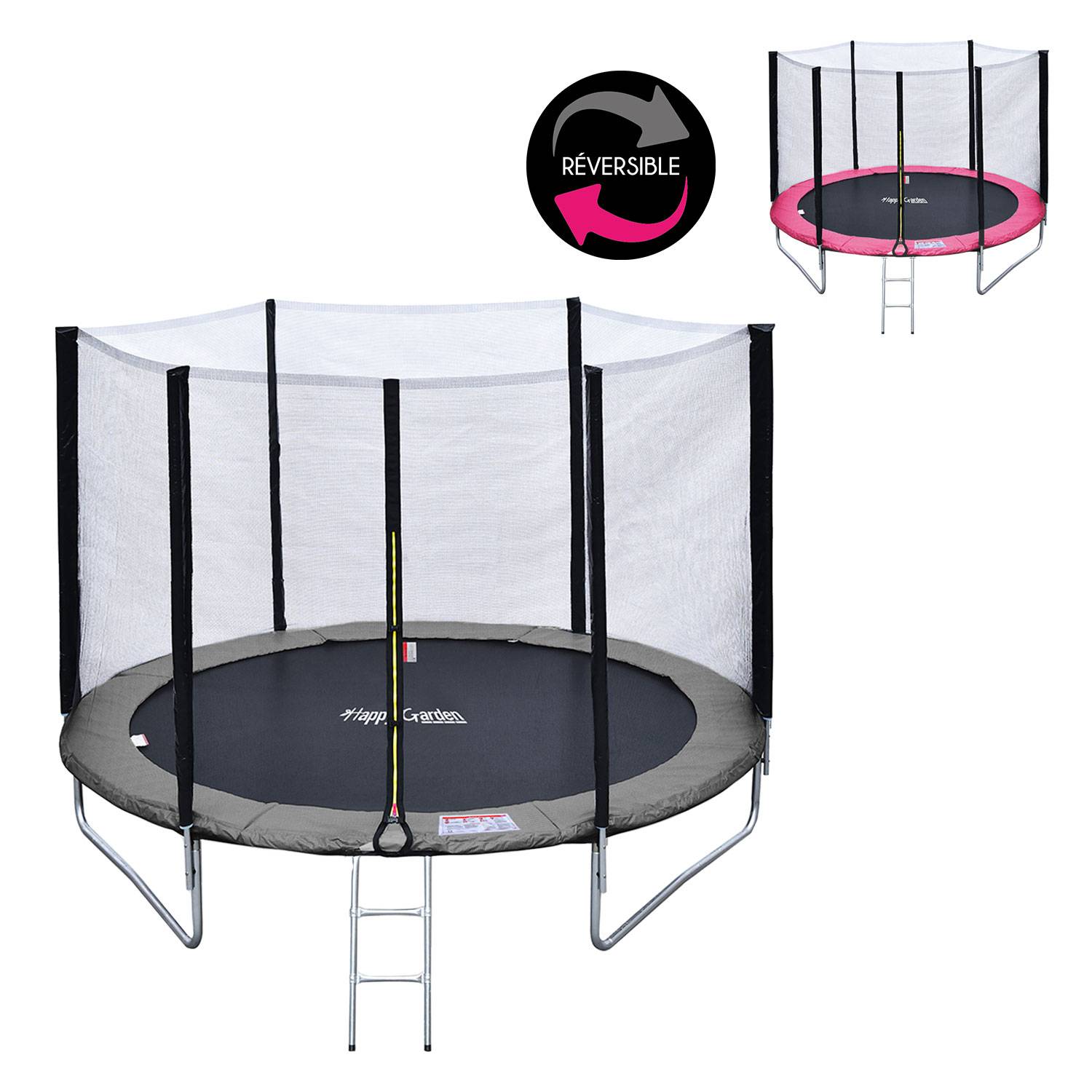 Pack Premium Trampoline 245cm réversible rose / gris CANBERRA + filet, échelle, bâche et kit d'ancrage - HAPPY GARDEN - Image 5