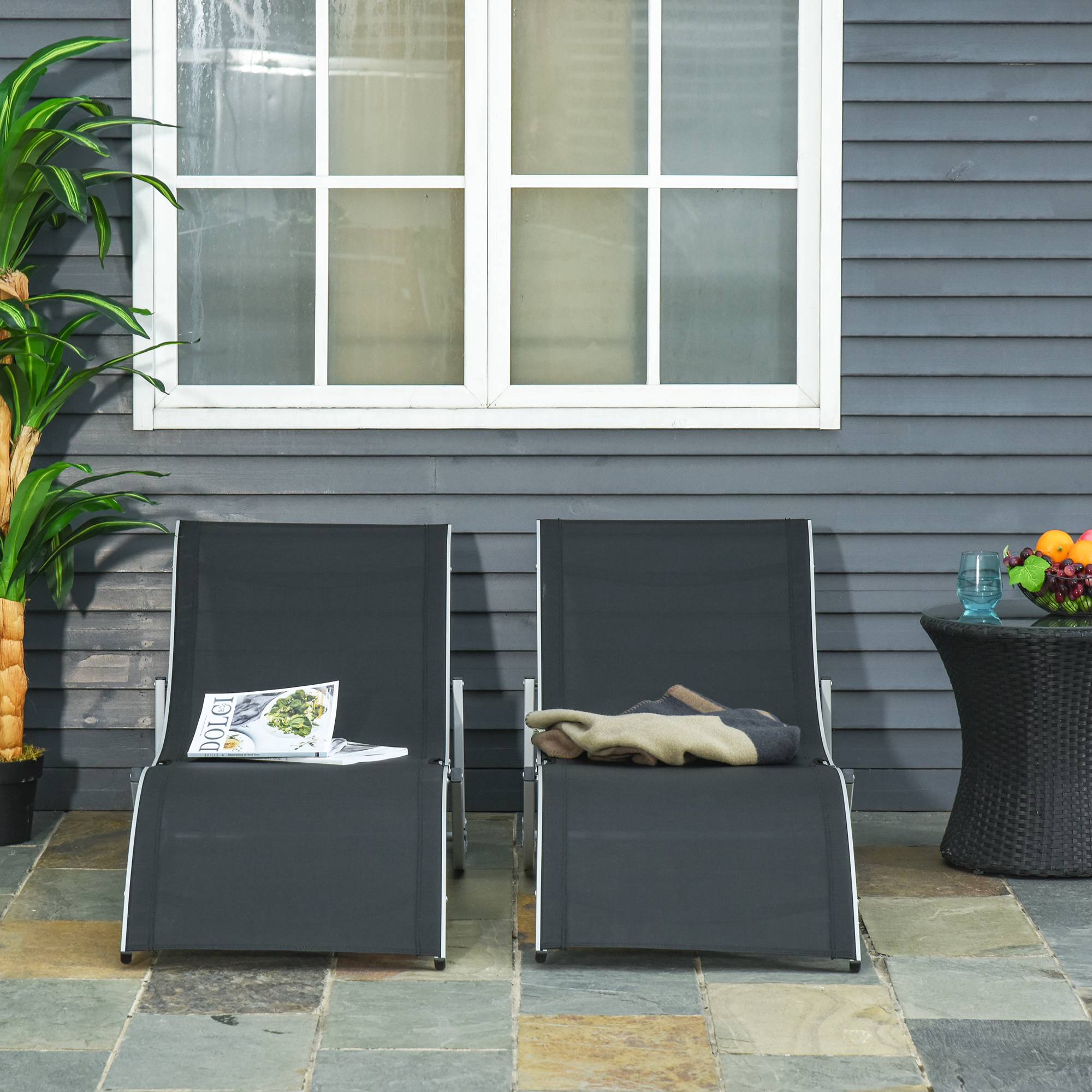 Lot de 2 transats de jardin pliables aluminium et textilène, 61x165x63 cm, noir - Image 3