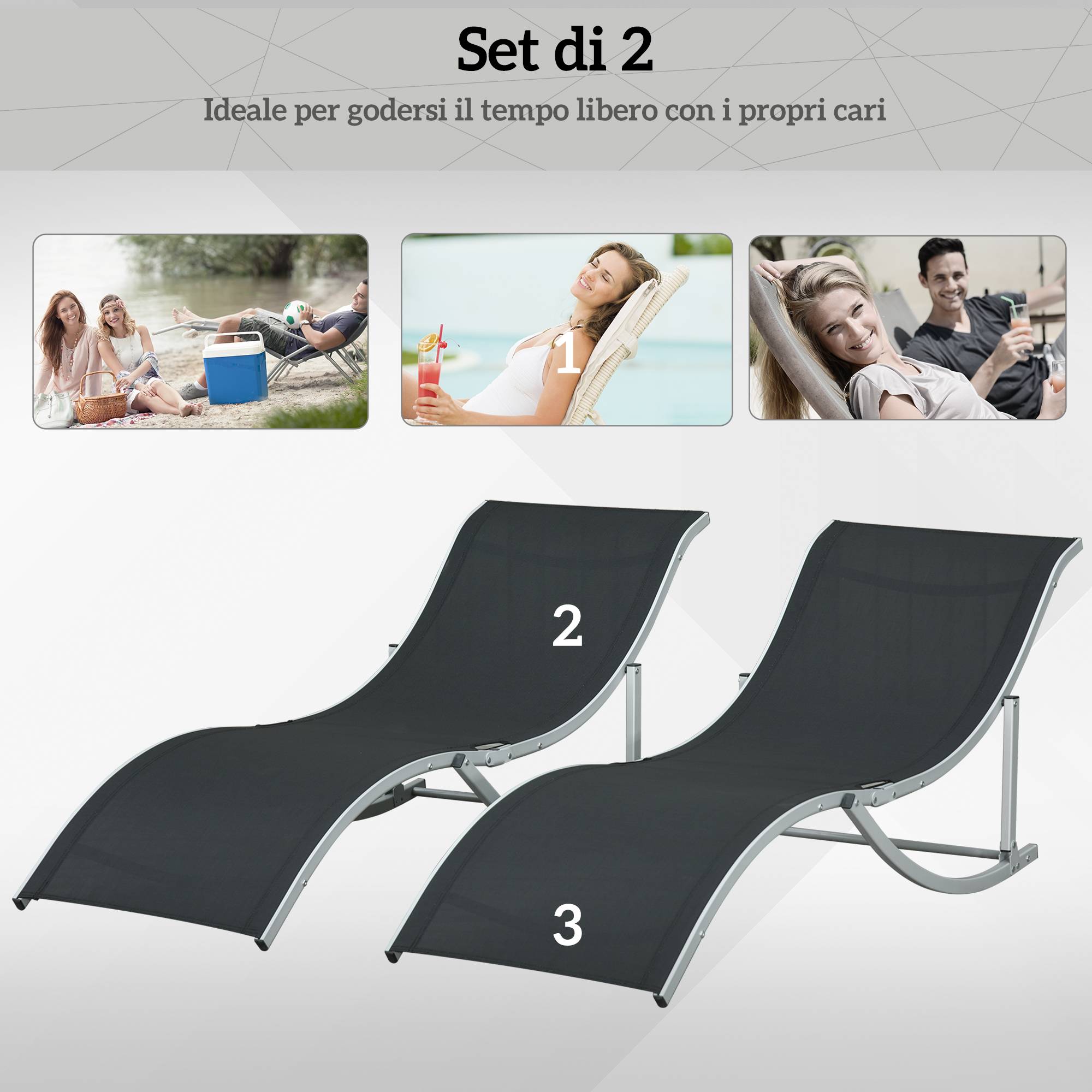 Lot de 2 transats de jardin pliables aluminium et textilène, 61x165x63 cm, noir - Image 9