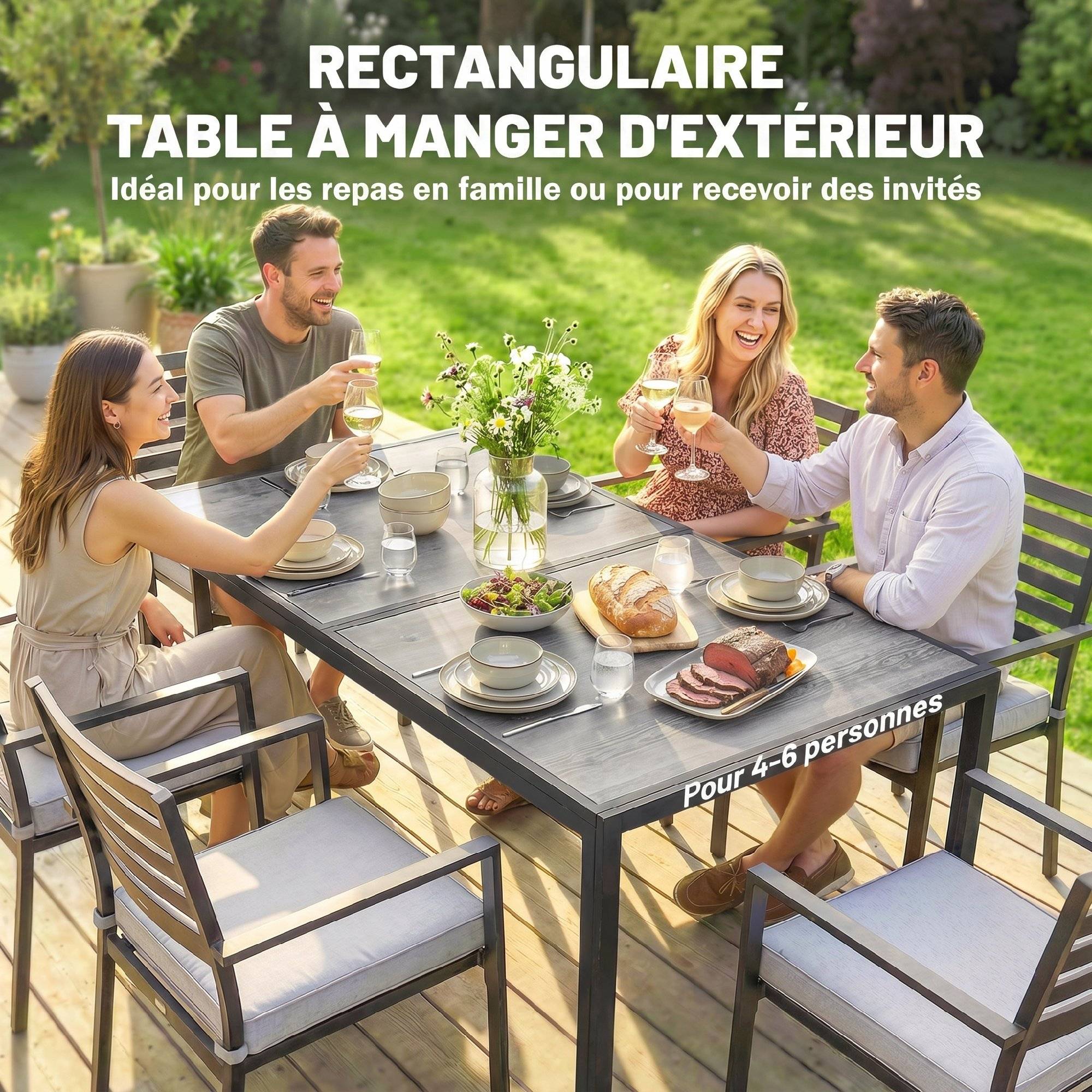 Table de jardin pour 4 à 6 personnes, table à manger extérieure avec plateau à effet bois, 150 x 80 x 74 cm, gris - Image 6