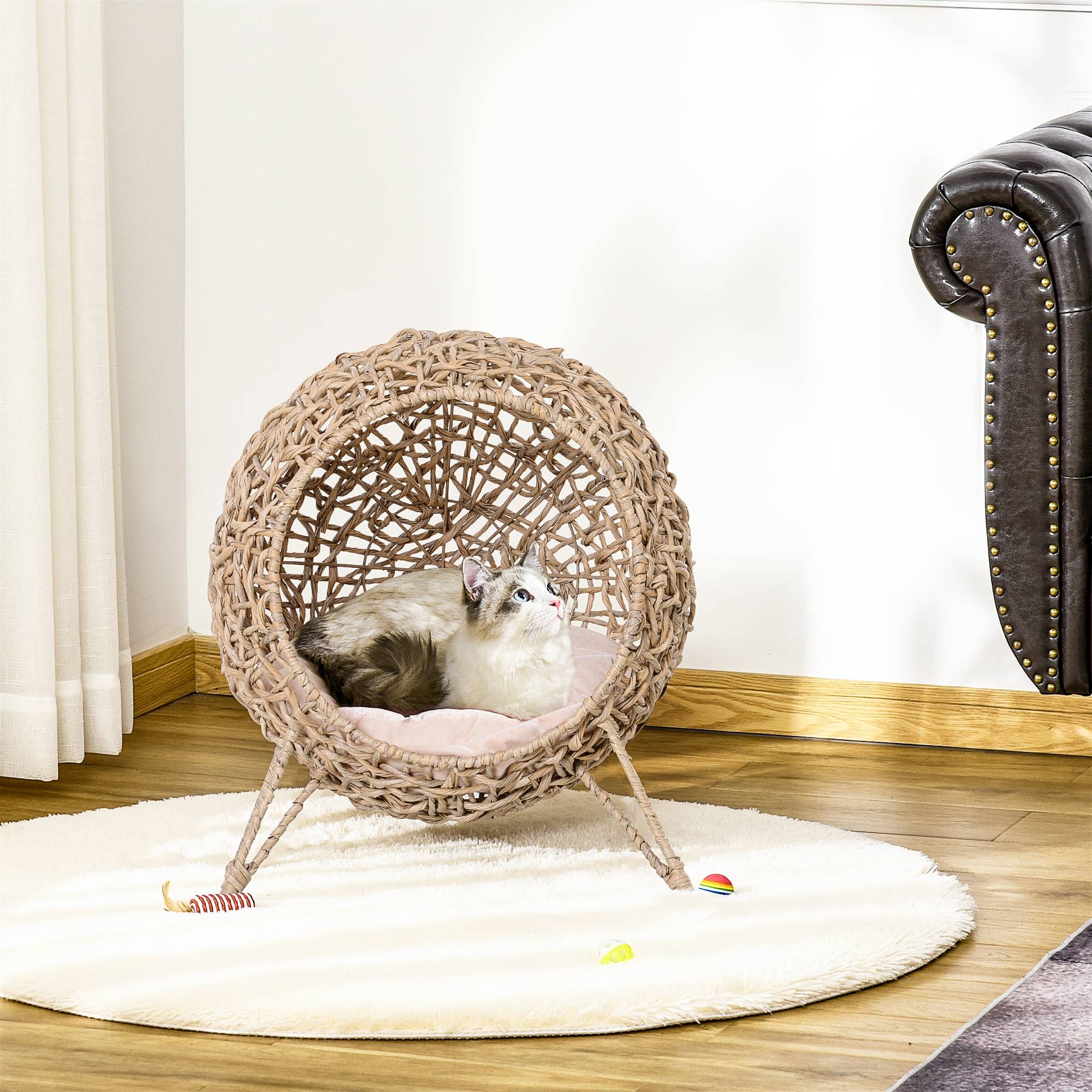 Maison pour chat en rotin avec coussin, lit pour chat, niche pour chat avec pieds surélevés, naturel, Ø52 x 58 cm - Image 3