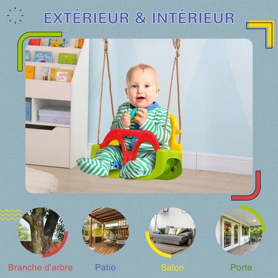 Siège de balançoire évolutif 3-en-1 enfant, dossier et barre T amovibles, hauteur ajustable, utilisable en intérieur et extérieur - Image 7