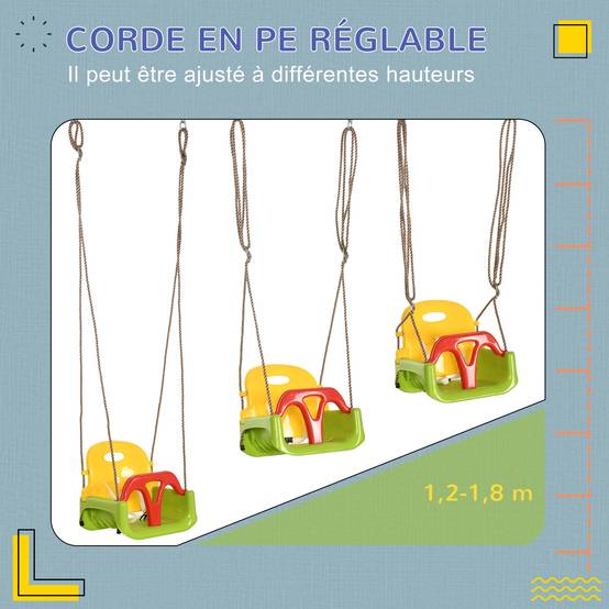 Siège de balançoire évolutif 3-en-1 enfant, dossier et barre T amovibles, hauteur ajustable, utilisable en intérieur et extérieur - Image 5