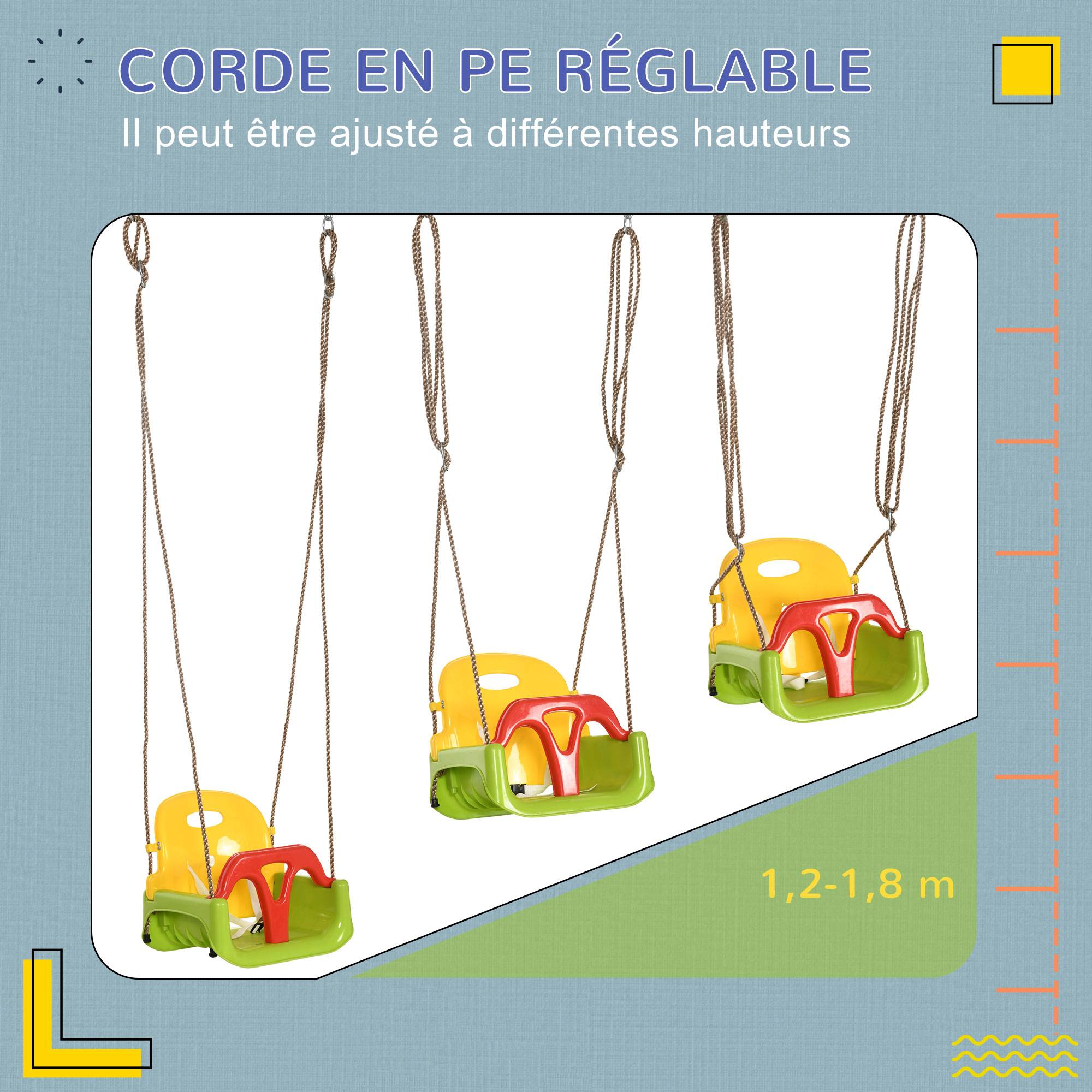 Siège de balançoire évolutif 3-en-1 enfant, dossier et barre T amovibles, hauteur ajustable, utilisable en intérieur et extérieur - Image 5