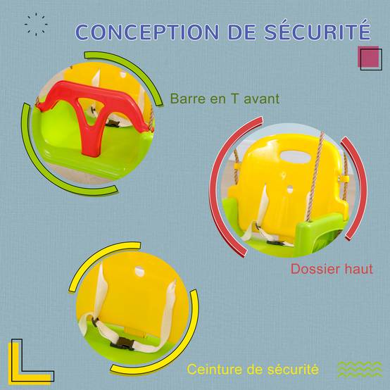 Siège de balançoire évolutif 3-en-1 enfant, dossier et barre T amovibles, hauteur ajustable, utilisable en intérieur et extérieur - Image 6