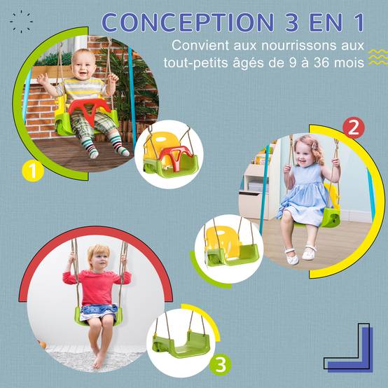 Siège de balançoire évolutif 3-en-1 enfant, dossier et barre T amovibles, hauteur ajustable, utilisable en intérieur et extérieur - Image 4
