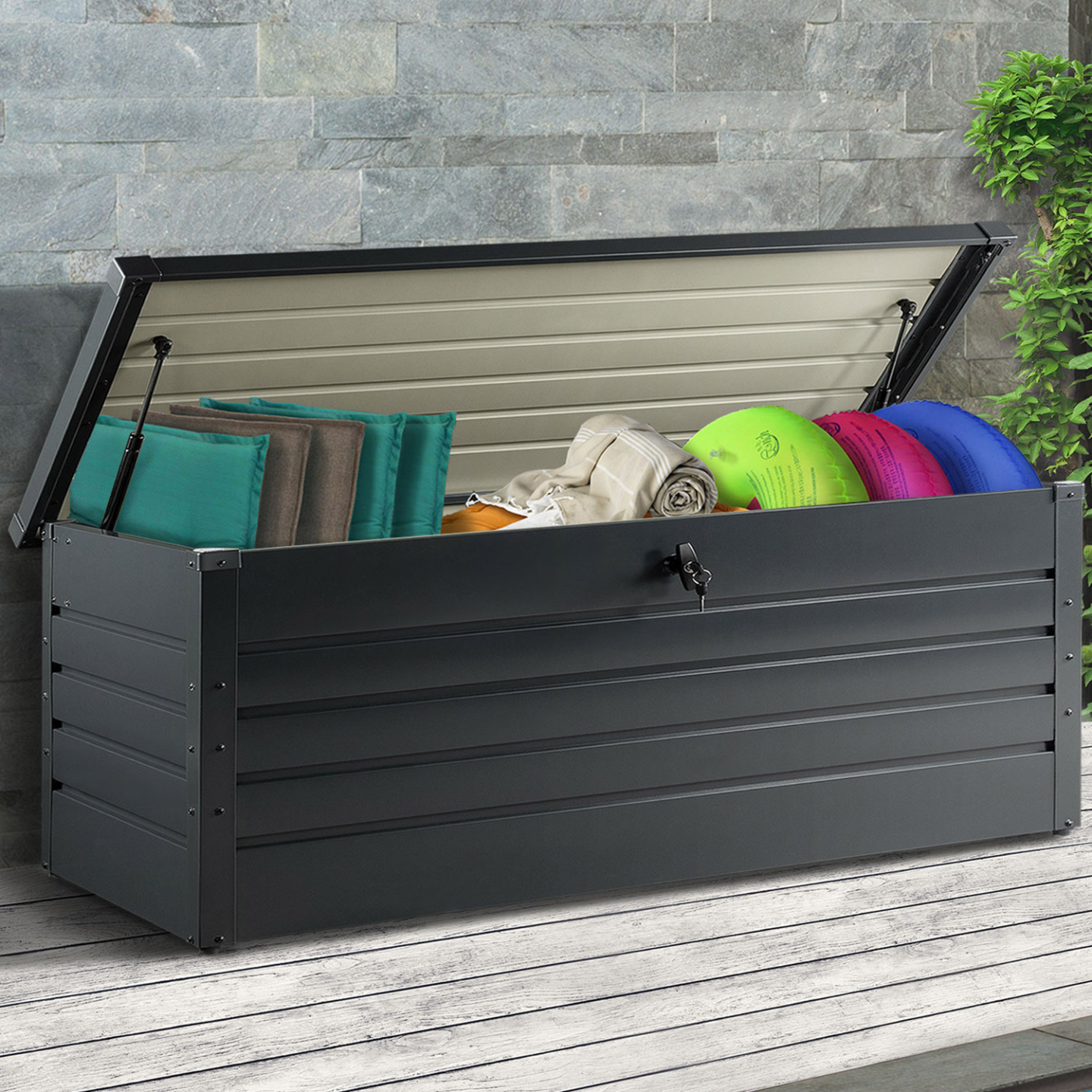 Coffre de rangement métal verrouillable gris anthracite pour jardin 600L 165x70x63 cm - Image 4