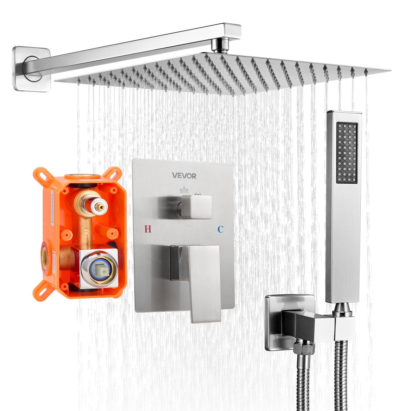 VEVOR Kit de Douche avec Douchette de Tête Carrée 25,4cm et à Main Nickel Brossé