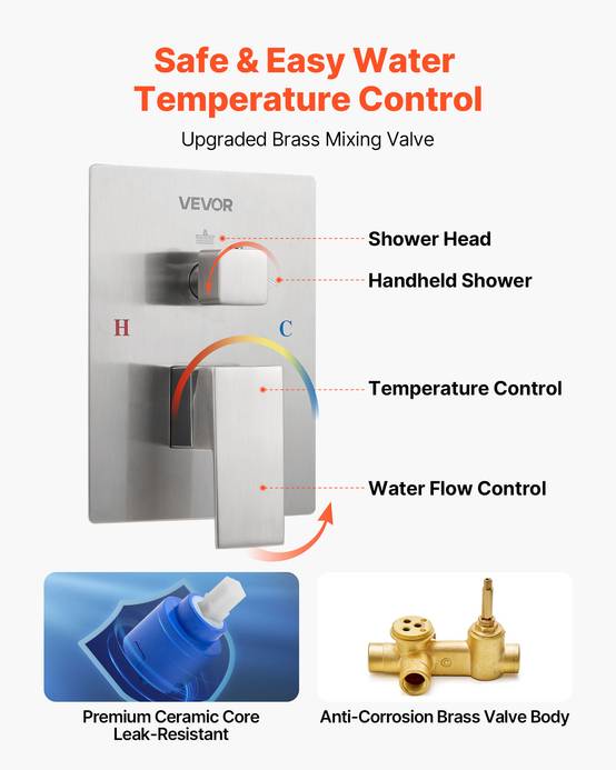VEVOR Kit de Douche avec Douchette de Tête Carrée 25,4cm et à Main Nickel Brossé - Image 5
