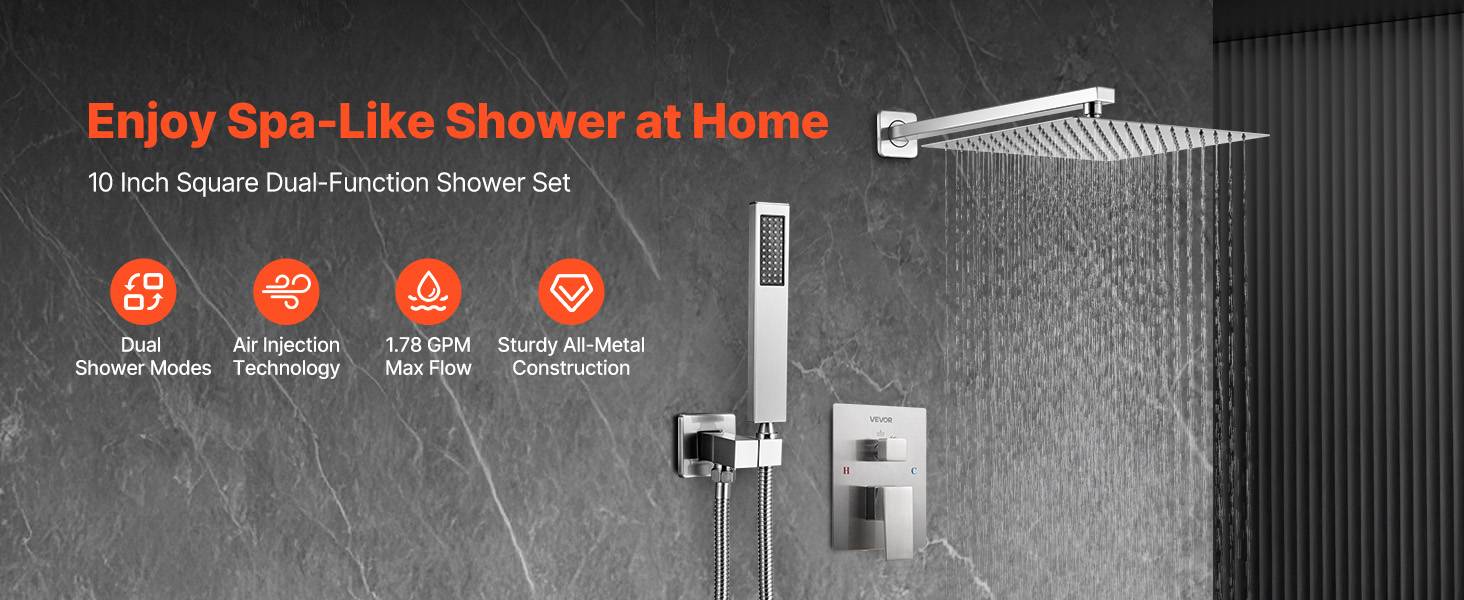 VEVOR Kit de Douche avec Douchette de Tête Carrée 25,4cm et à Main Nickel Brossé - Image 9