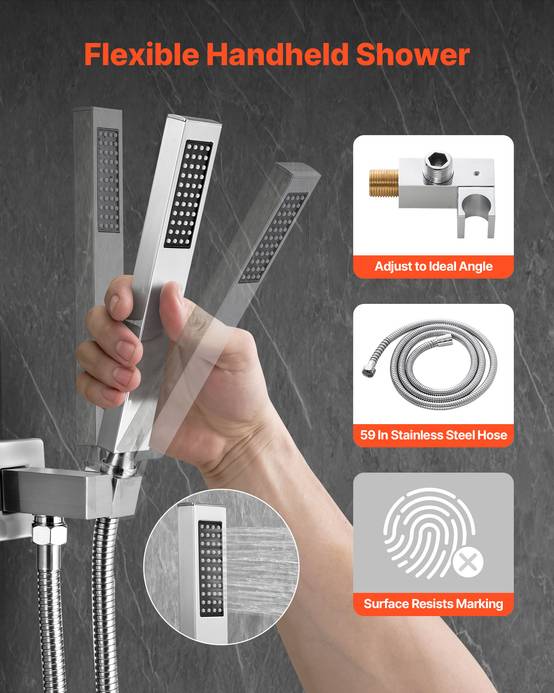 VEVOR Kit de Douche avec Douchette de Tête Carrée 25,4cm et à Main Nickel Brossé - Image 3