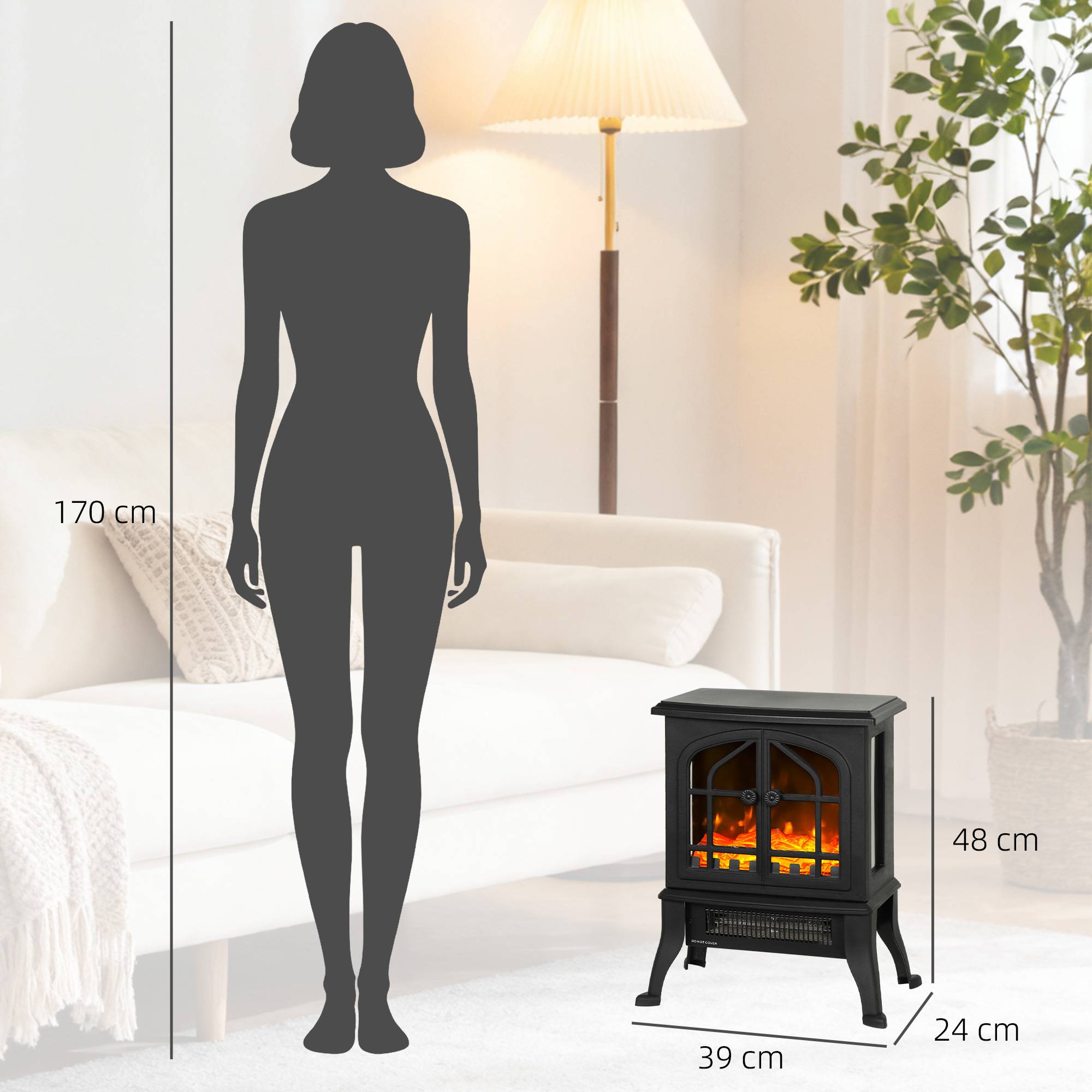 Cheminée électrique sur pied 900/1800W effet flamme 3D thermostat réglable fenêtres visibles 15-30 m² noir - Image 5