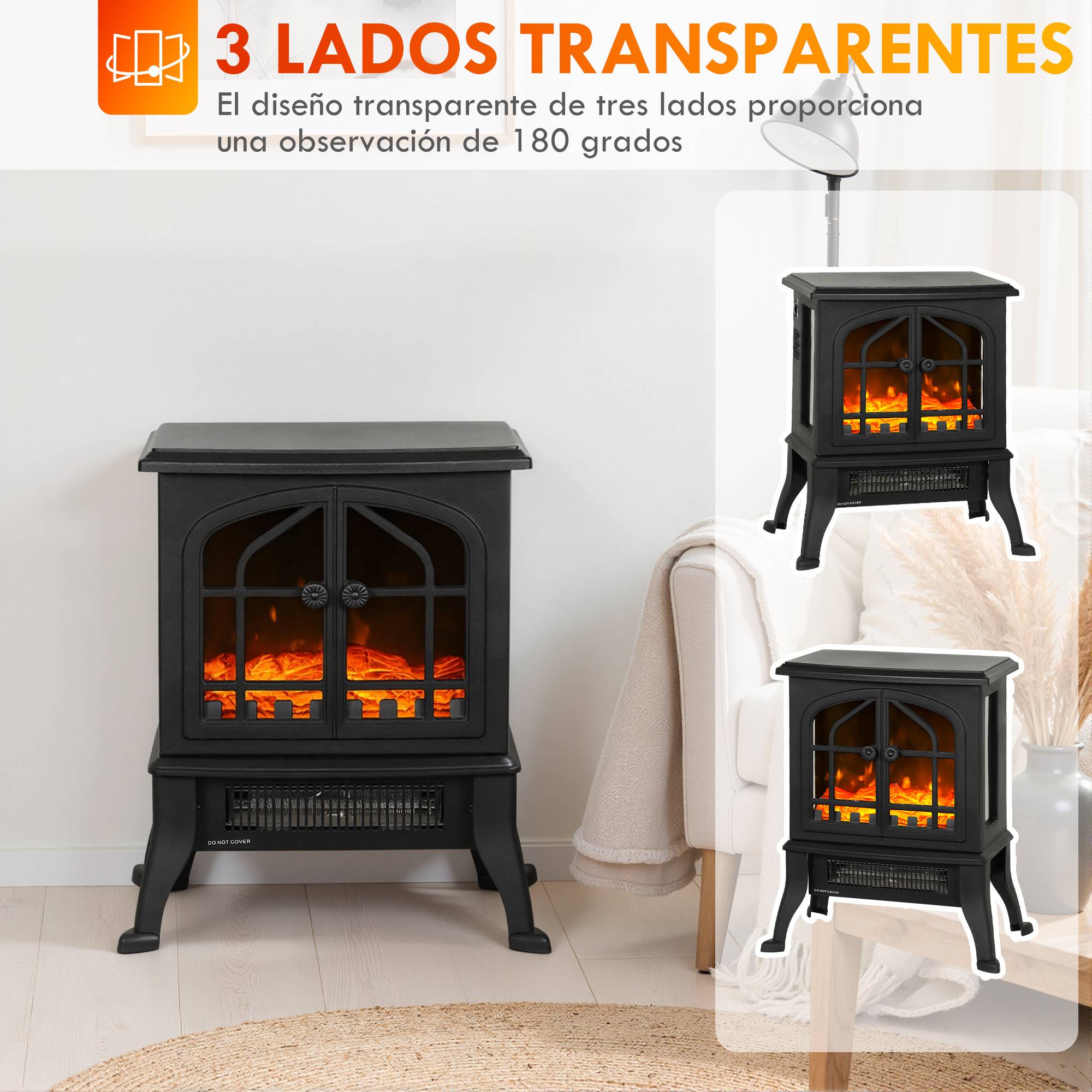 Cheminée électrique sur pied 900/1800W effet flamme 3D thermostat réglable fenêtres visibles 15-30 m² noir - Image 7