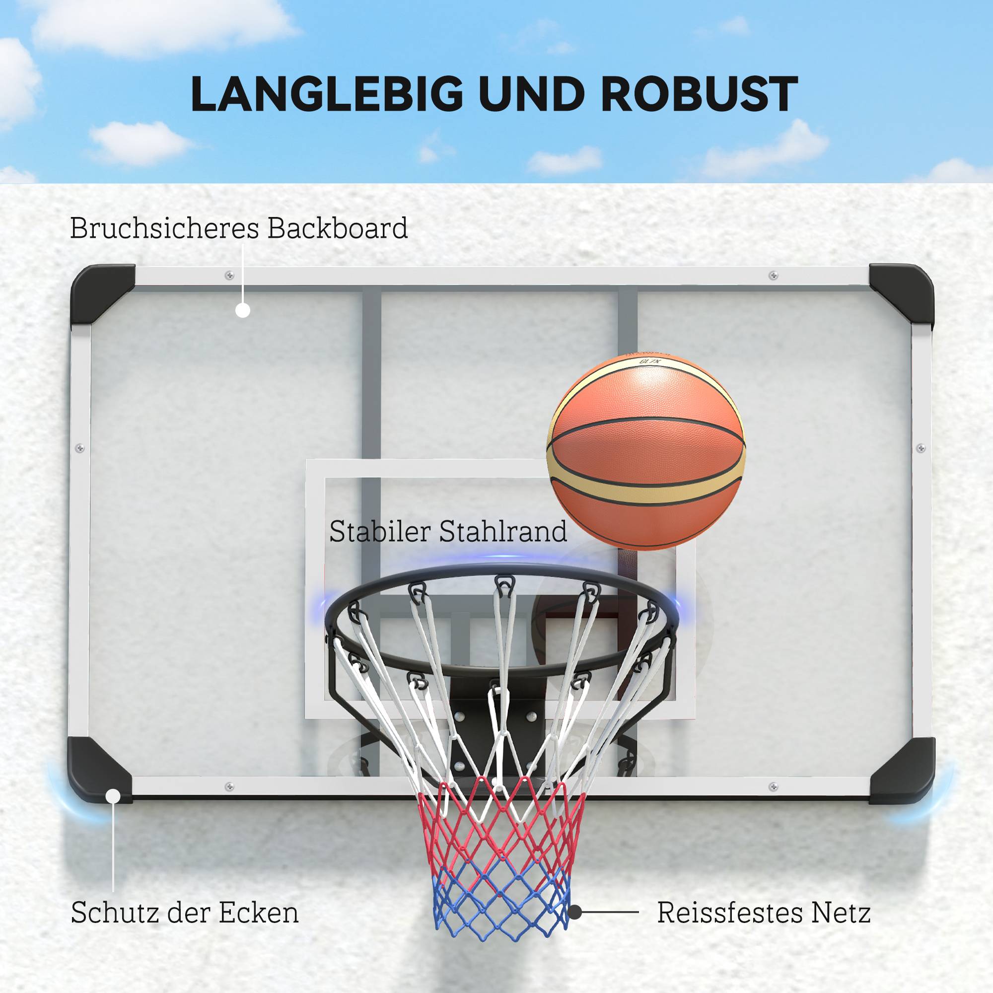 ComfortXL - Panier de basket mural acier 113 x 61 x 71 cm noir transparent intérieur extérieur panneau résistant - Image 4