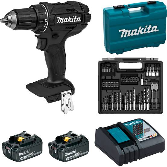 Perceuse-visseuse 18V Black - MAKITA - avec 2 batteries 3Ah + chargeur rapide + coffret avec accessoires - DDF482FX1B - Image 1