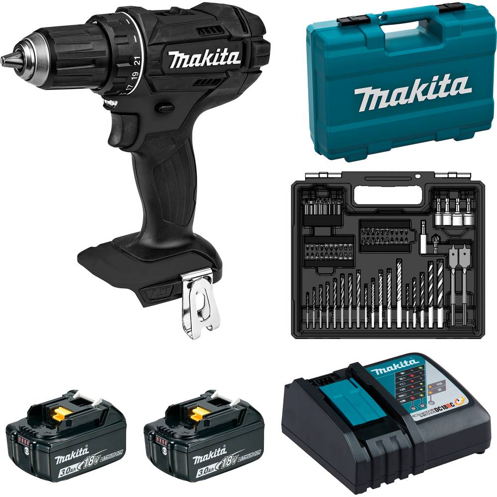 Perceuse-visseuse 18V Black - MAKITA - avec 2 batteries 3Ah + chargeur rapide + coffret avec accessoires - DDF482FX1B - Image 1