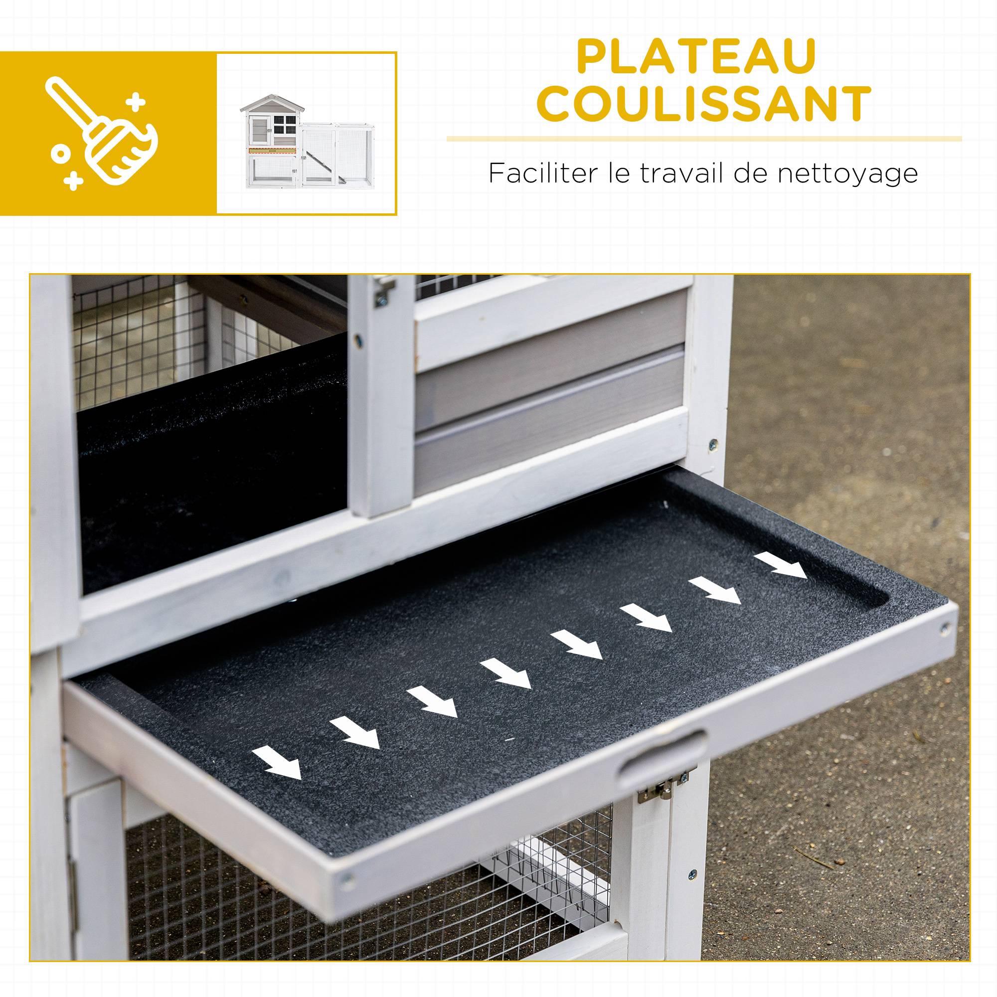 Clapier cage à lapins cottage - niche supérieure avec rampe et enclos extérieur - plateau coulissant, toit - Image 7