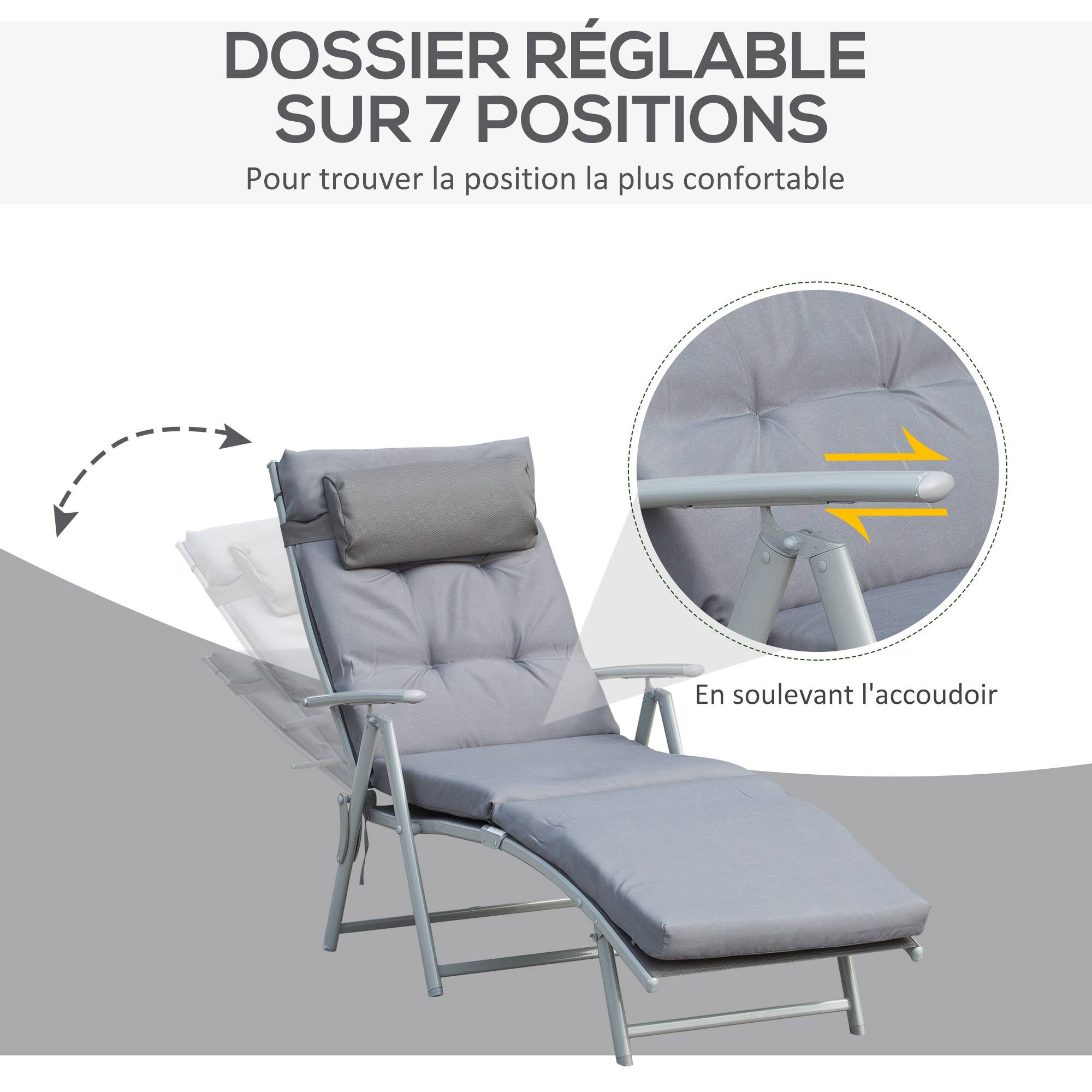 Bain de Soleil Pliable transat inclinable 7 Positions Chaise Longue - 137x63x100cm Métal Gris fr112 - Image 6