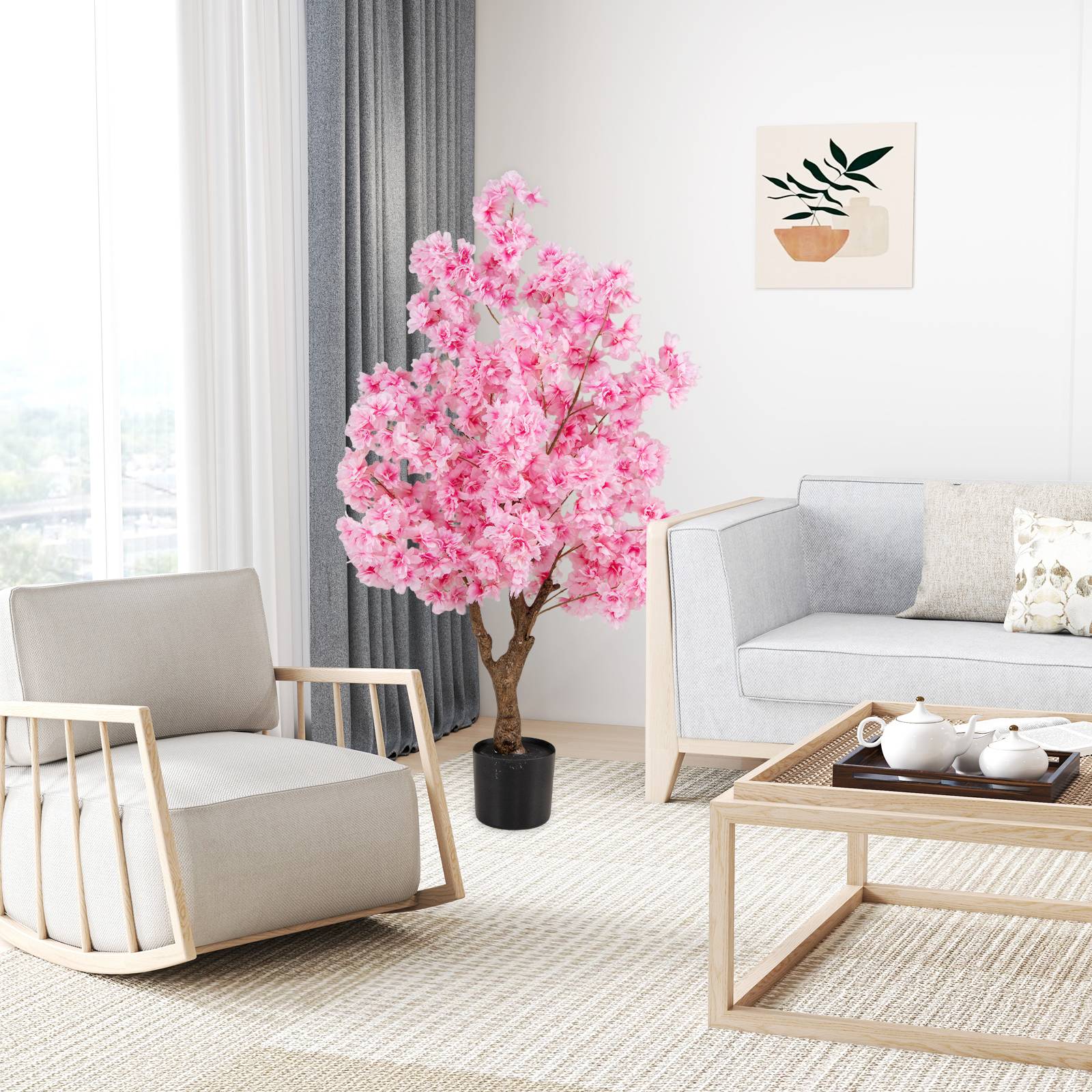 Plante Artificielle en Pot Remplies de Ciment 120CM, Fausse Cerisier avec 900 Fleurs Roses Tronc en Polyéthylène Multi-Branches, pour Salon Balcon - Image 2