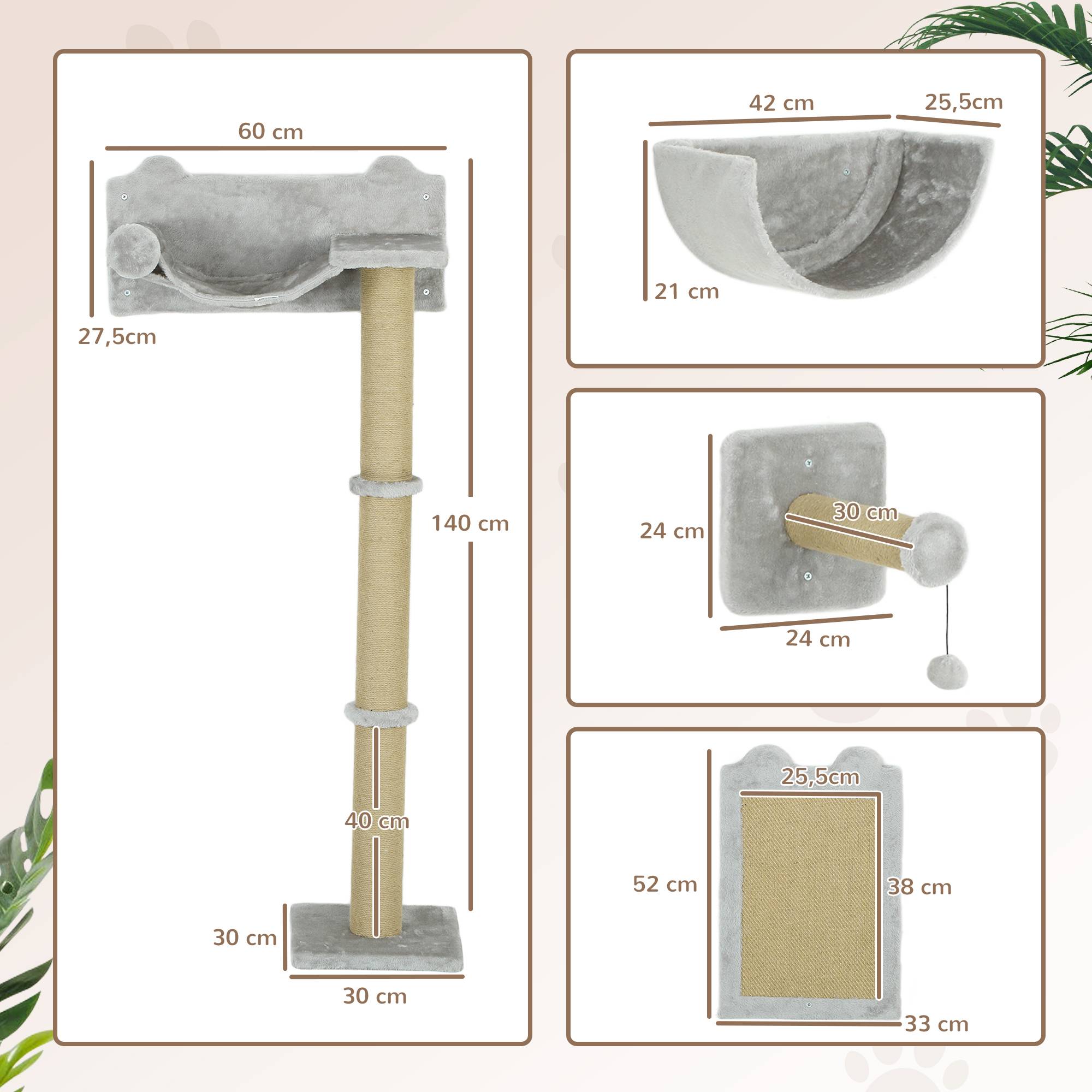ComfortXL - Arbre à chat mural 5 pièces bois et polyester pour jeu et repos 140cm gris clair - ComfortXL Outdoor Living - Image 5
