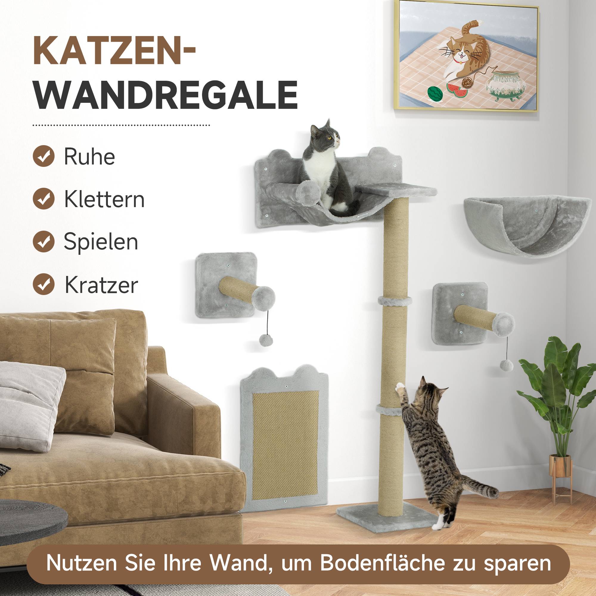 ComfortXL - Arbre à chat mural 5 pièces bois et polyester pour jeu et repos 140cm gris clair - ComfortXL Outdoor Living - Image 6