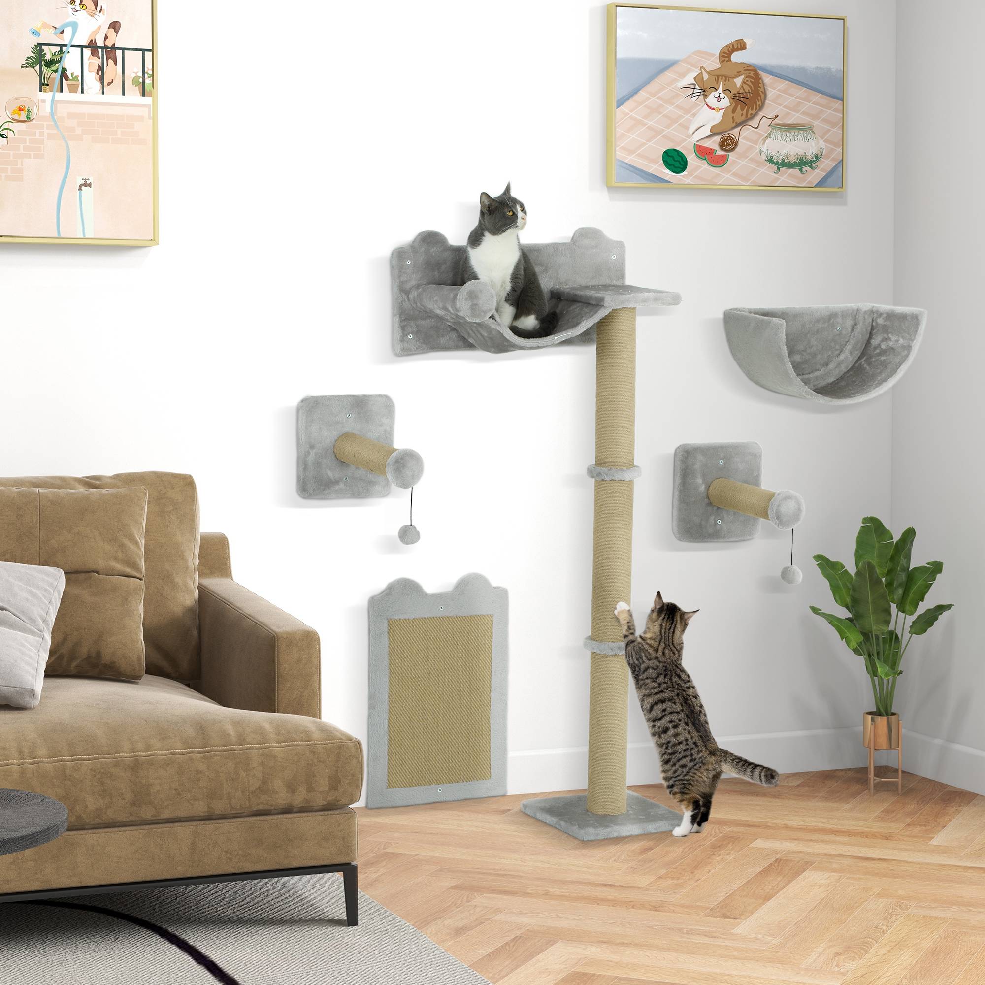 ComfortXL - Arbre à chat mural 5 pièces bois et polyester pour jeu et repos 140cm gris clair - ComfortXL Outdoor Living - Image 3