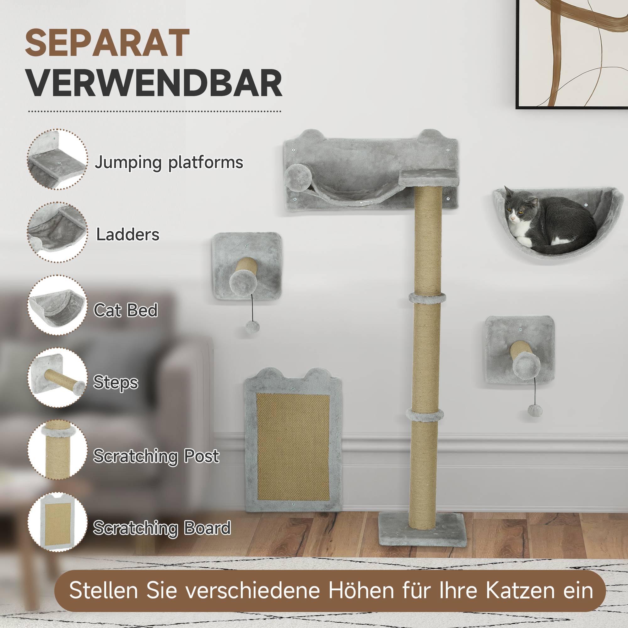 ComfortXL - Arbre à chat mural 5 pièces bois et polyester pour jeu et repos 140cm gris clair - ComfortXL Outdoor Living - Image 7