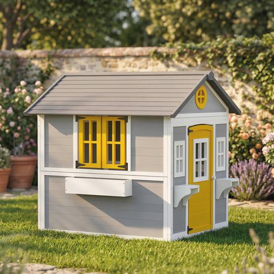 Maisonnette en bois grise pour enfants porte fenêtres jardinières et supports à fleurs intérieur et extérieur - Image 10