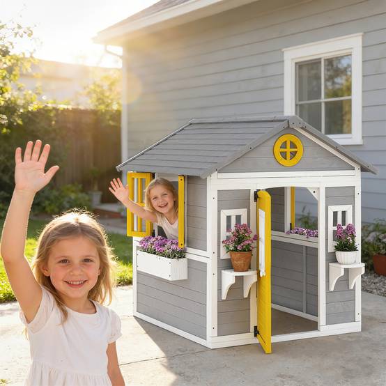 Maisonnette en bois grise pour enfants porte fenêtres jardinières et supports à fleurs intérieur et extérieur - Image 4