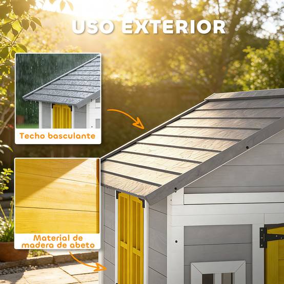 Maisonnette en bois grise pour enfants porte fenêtres jardinières et supports à fleurs intérieur et extérieur - Image 7
