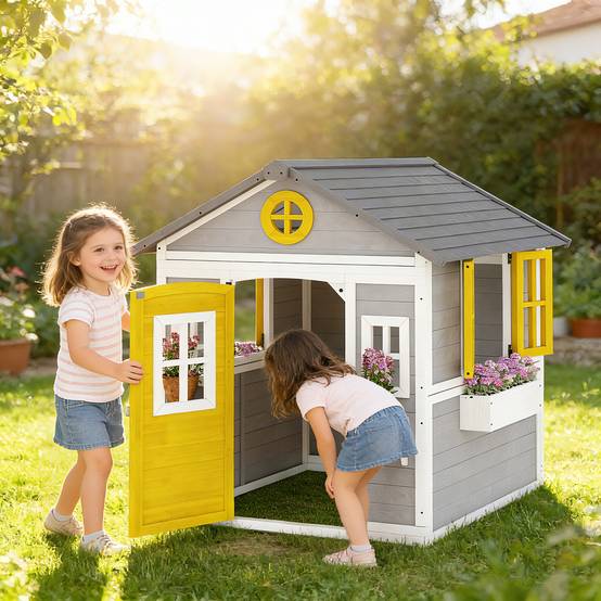 Maisonnette en bois grise pour enfants porte fenêtres jardinières et supports à fleurs intérieur et extérieur - Image 3