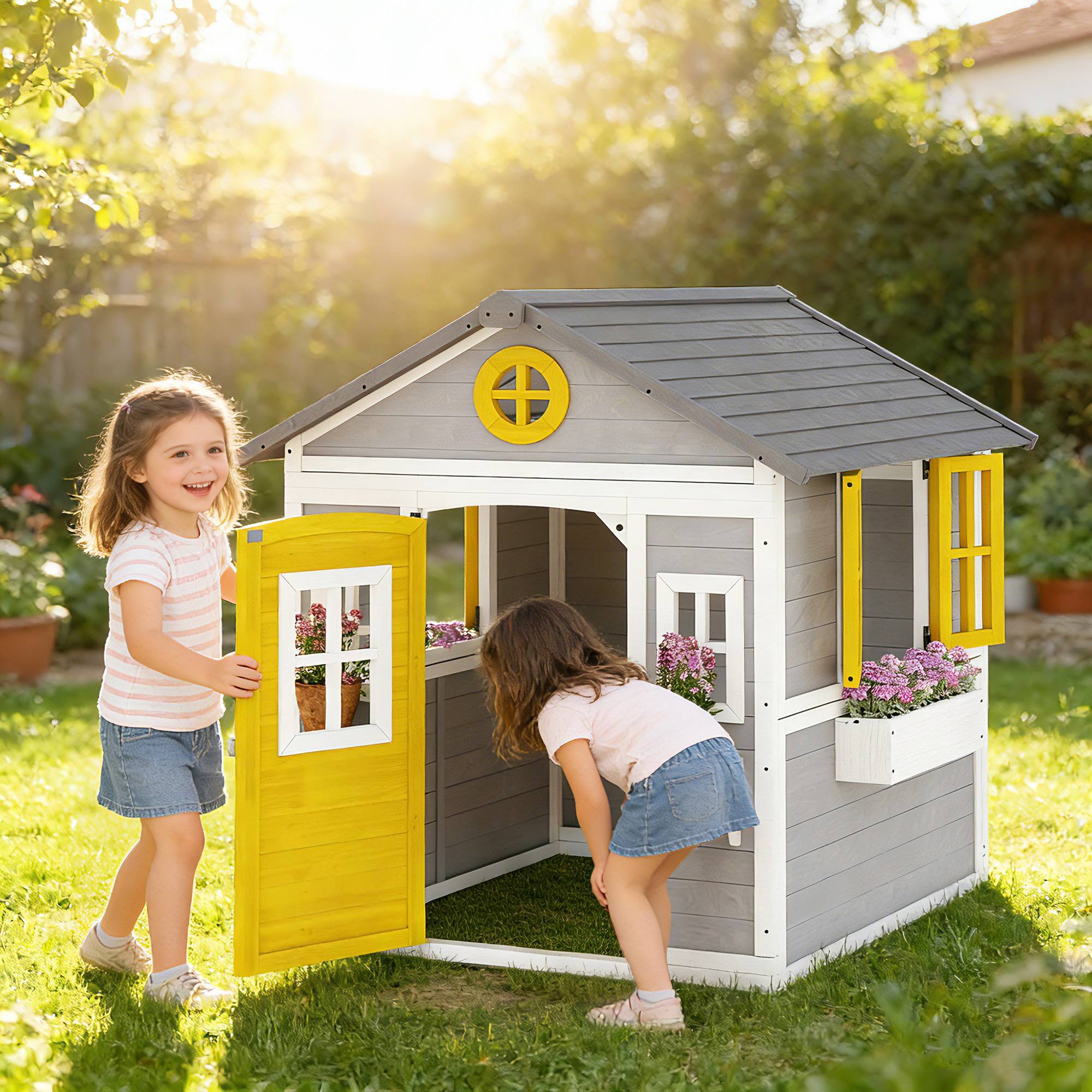 Maisonnette en bois grise pour enfants porte fenêtres jardinières et supports à fleurs intérieur et extérieur - Image 3