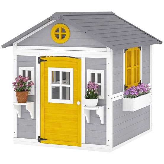 Maisonnette en bois grise pour enfants porte fenêtres jardinières et supports à fleurs intérieur et extérieur - Image 2