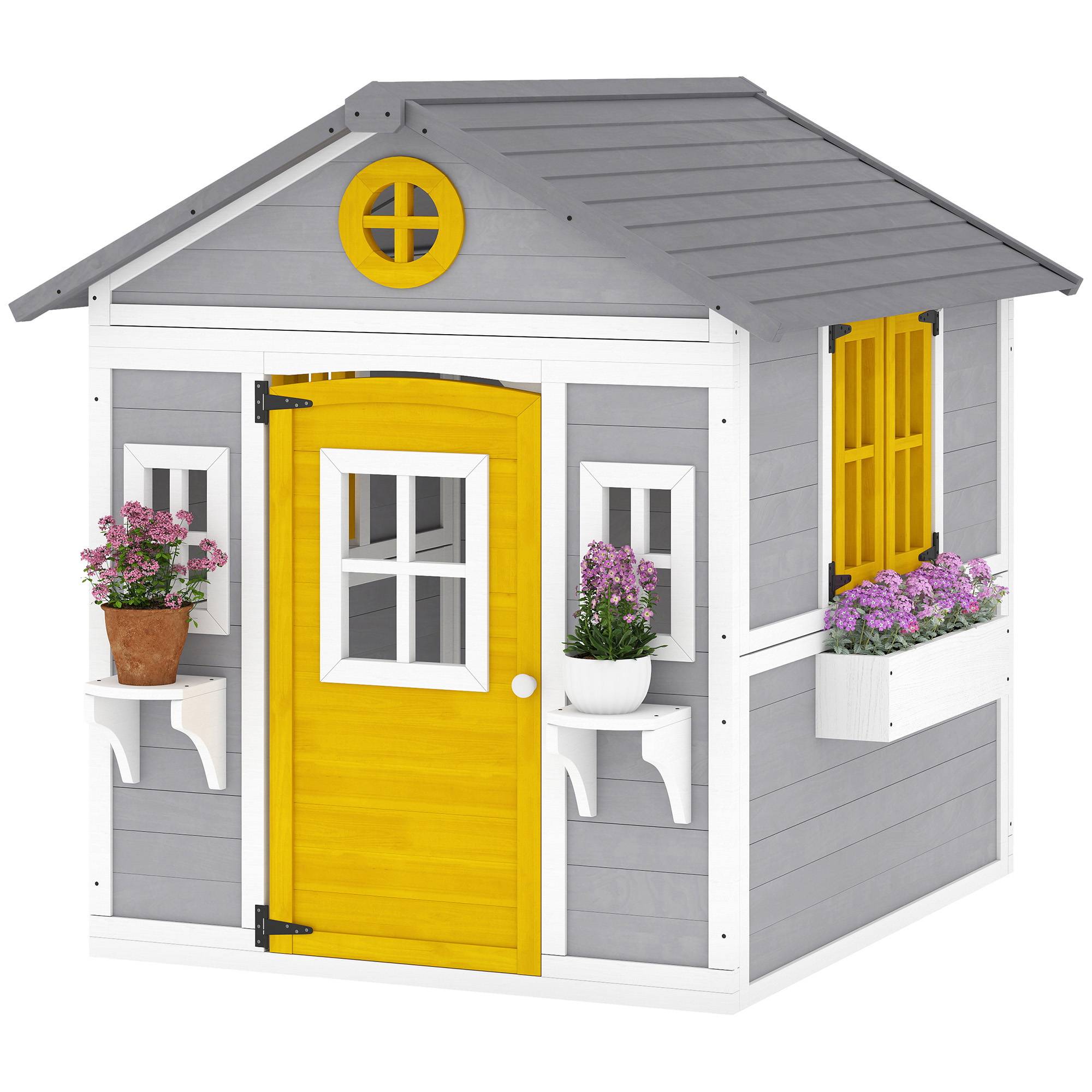 Maisonnette en bois grise pour enfants porte fenêtres jardinières et supports à fleurs intérieur et extérieur - Image 2
