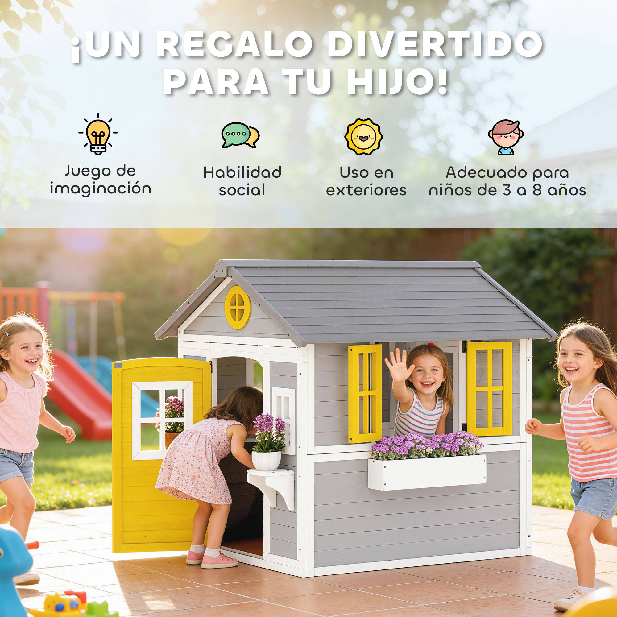 Maisonnette en bois grise pour enfants porte fenêtres jardinières et supports à fleurs intérieur et extérieur - Image 8