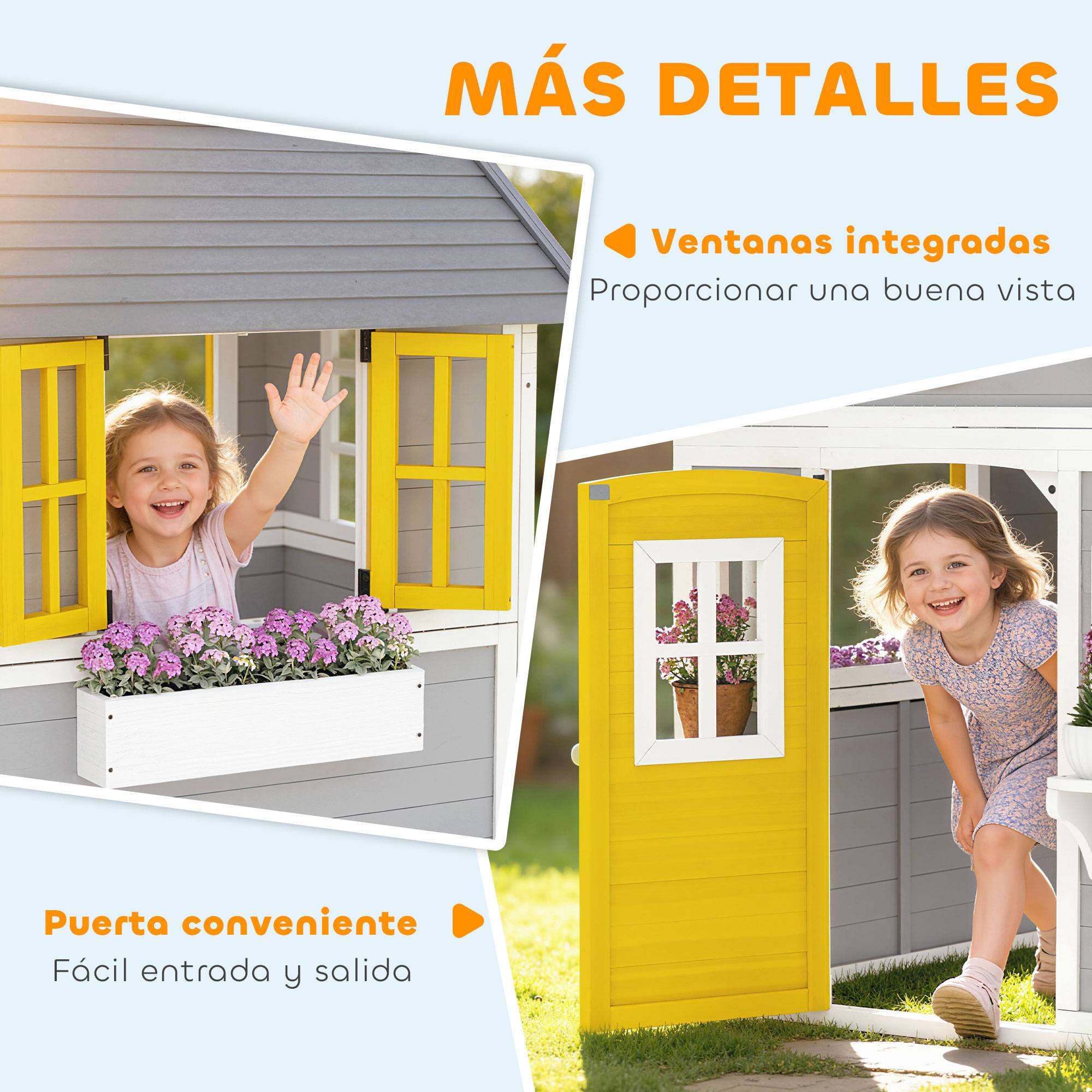 Maisonnette en bois grise pour enfants porte fenêtres jardinières et supports à fleurs intérieur et extérieur - Image 9
