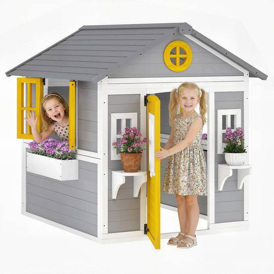 Maisonnette en bois grise pour enfants porte fenêtres jardinières et supports à fleurs intérieur et extérieur - Image 1
