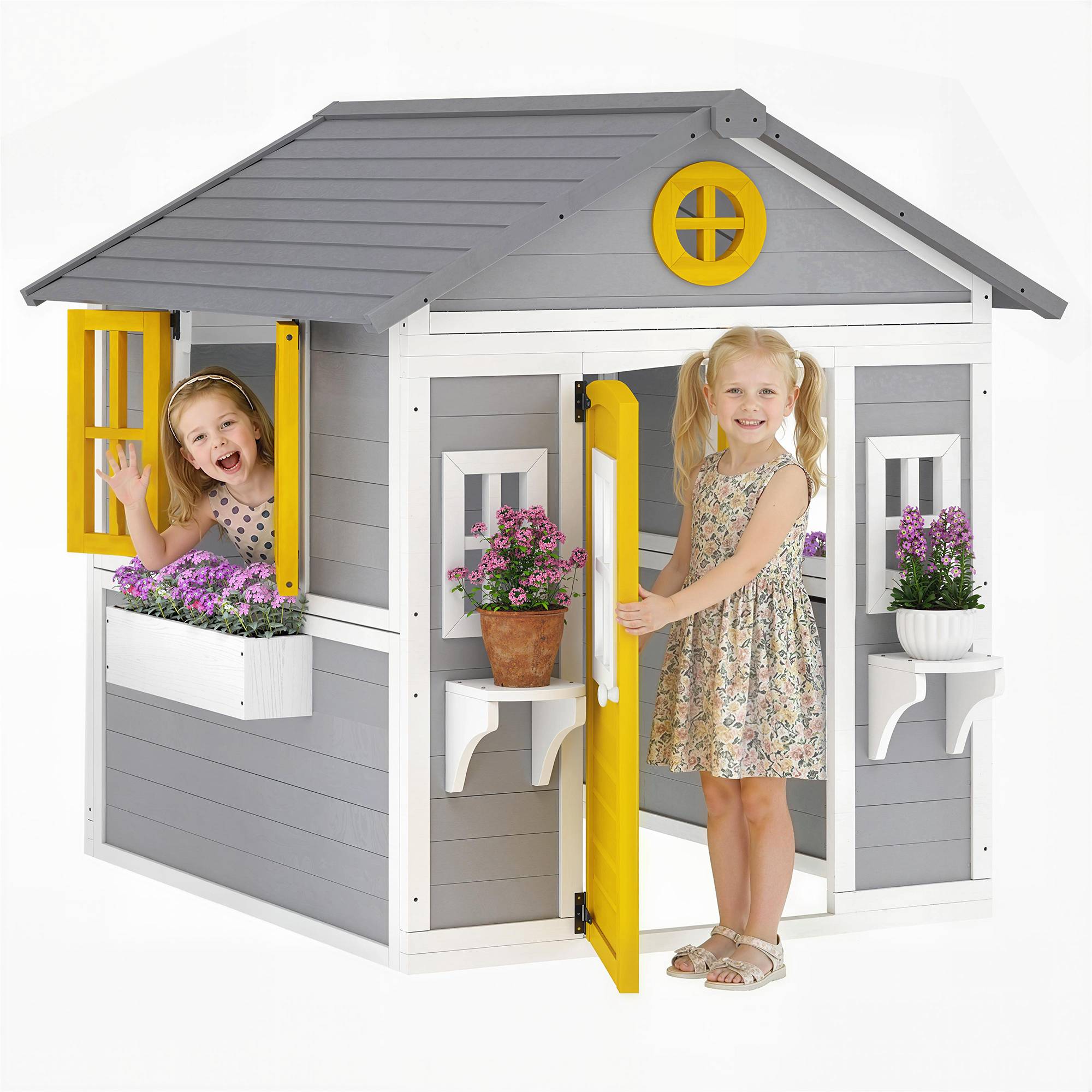 Maisonnette en bois grise pour enfants porte fenêtres jardinières et supports à fleurs intérieur et extérieur - Image 1
