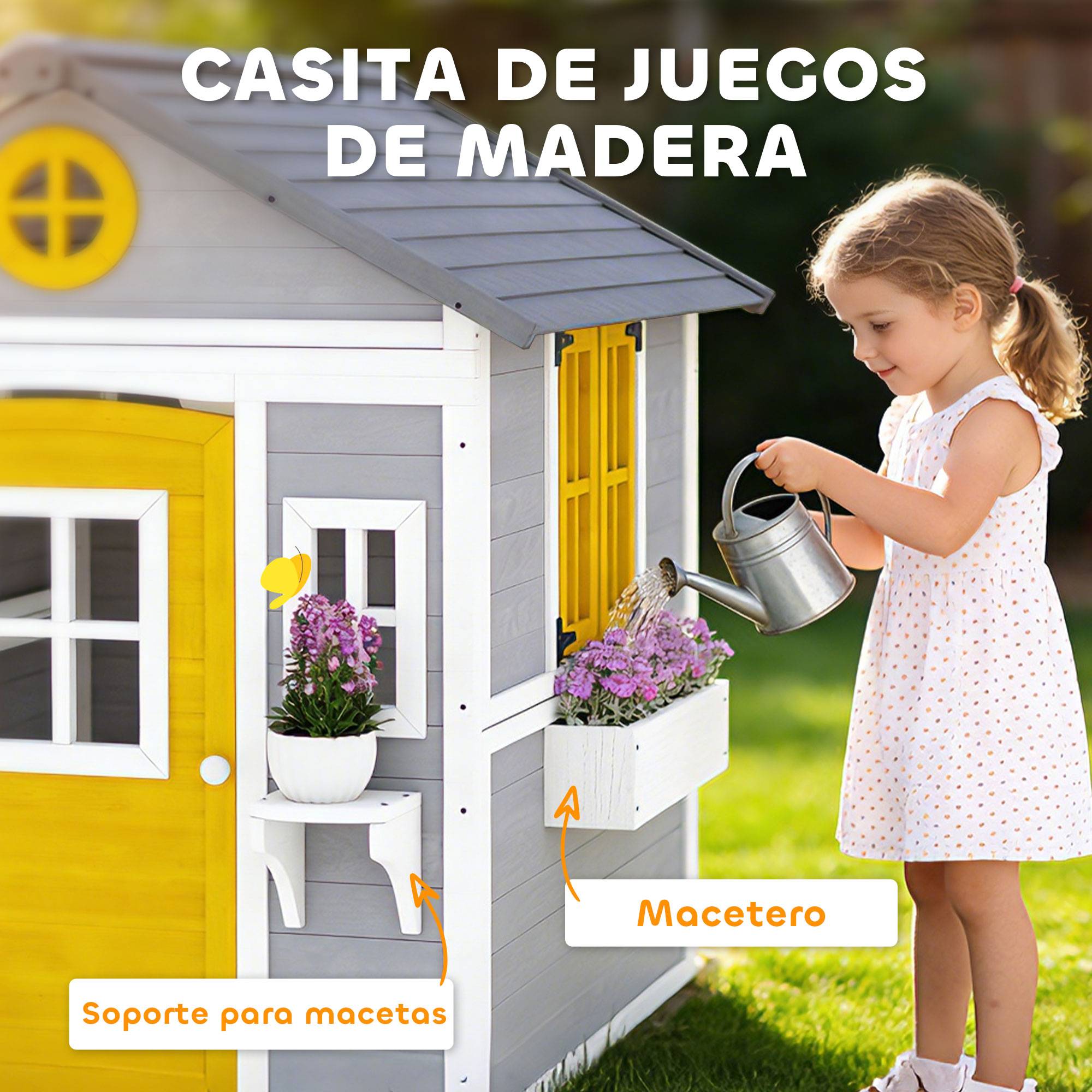 Maisonnette en bois grise pour enfants porte fenêtres jardinières et supports à fleurs intérieur et extérieur - Image 6