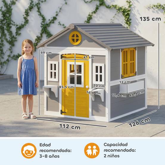 Maisonnette en bois grise pour enfants porte fenêtres jardinières et supports à fleurs intérieur et extérieur - Image 5