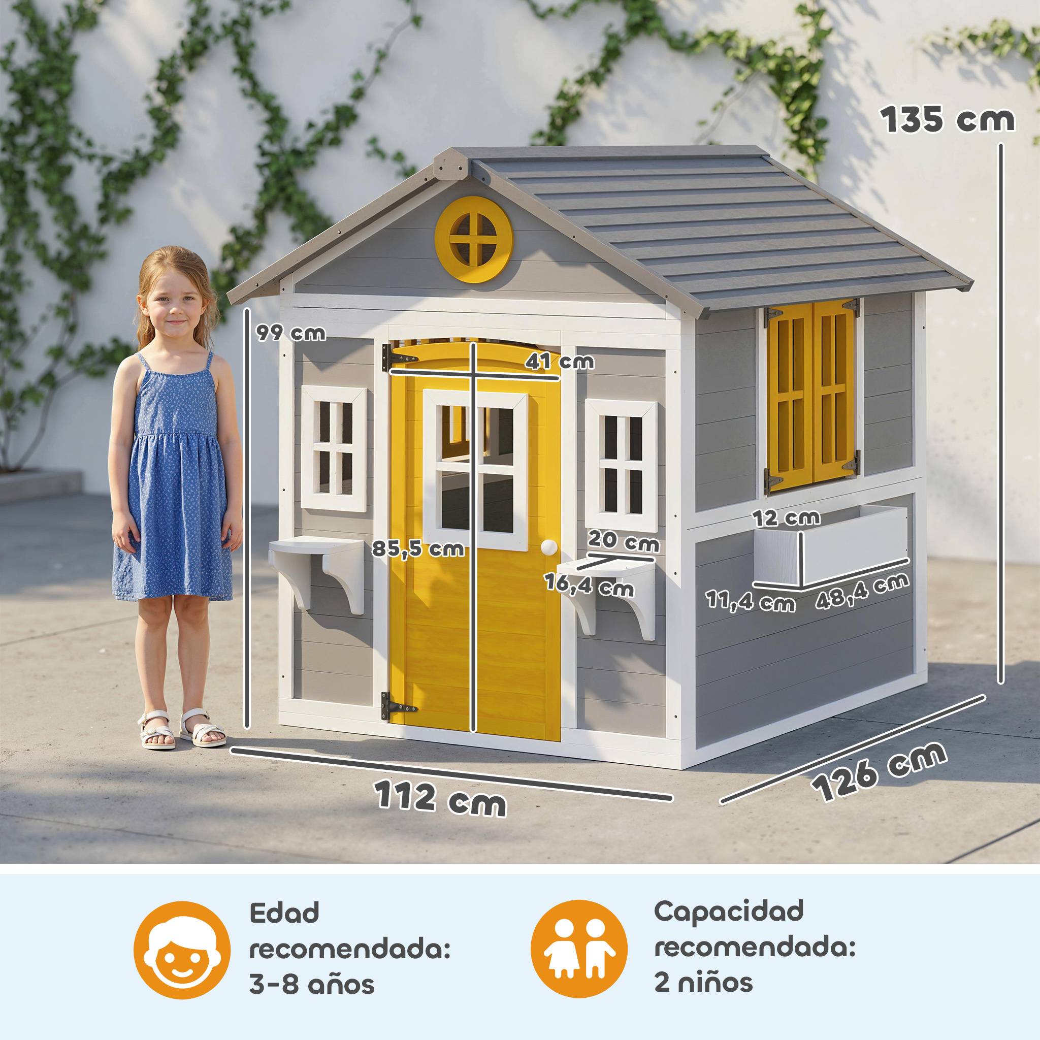 Maisonnette en bois grise pour enfants porte fenêtres jardinières et supports à fleurs intérieur et extérieur - Image 5